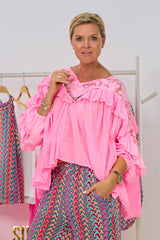 luftige Bluse mit Rüschen und Spitze, candy rosa
