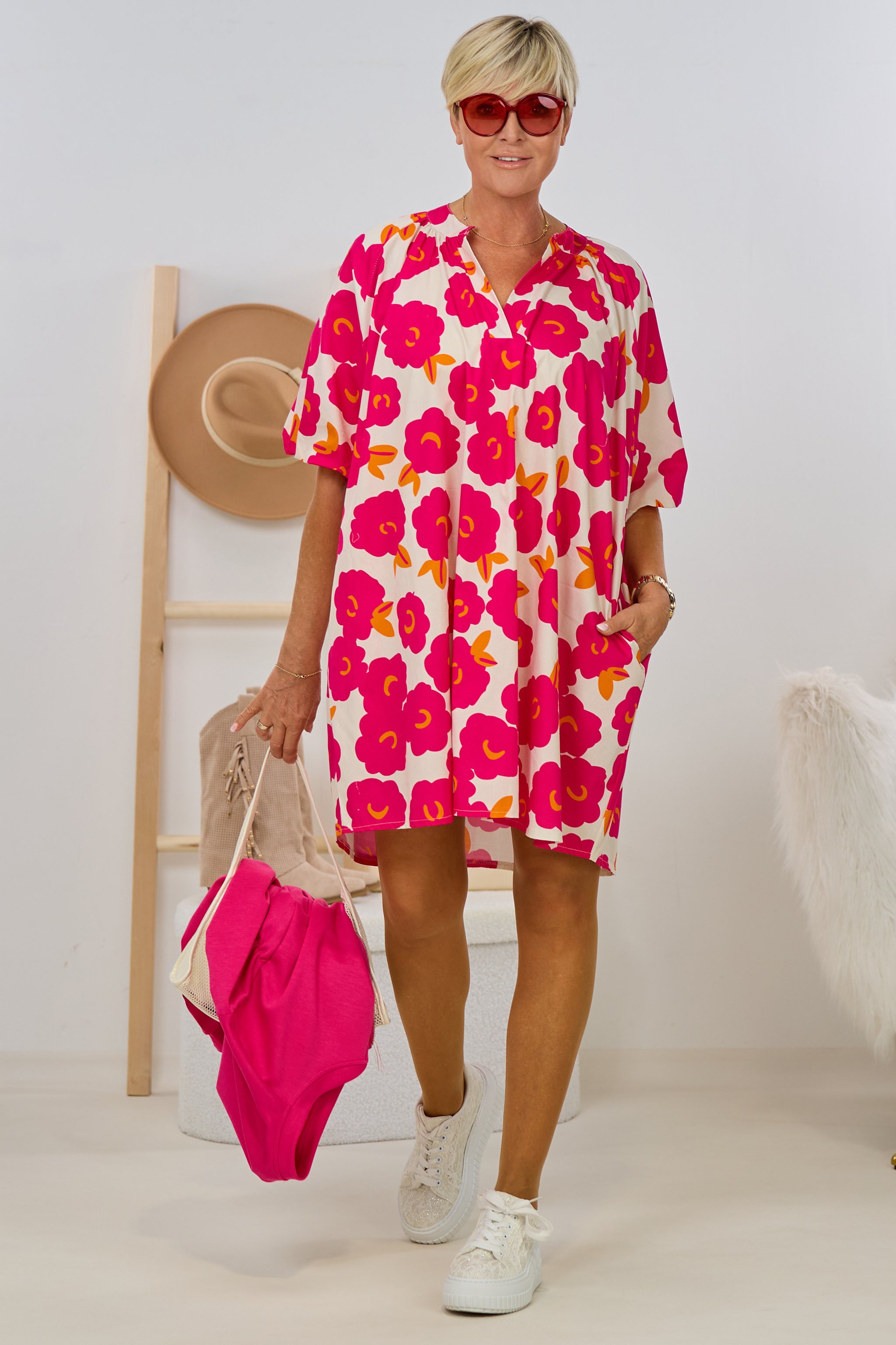 Kleid/Tunika mit floralem Druck, fuchsia-hellbeige