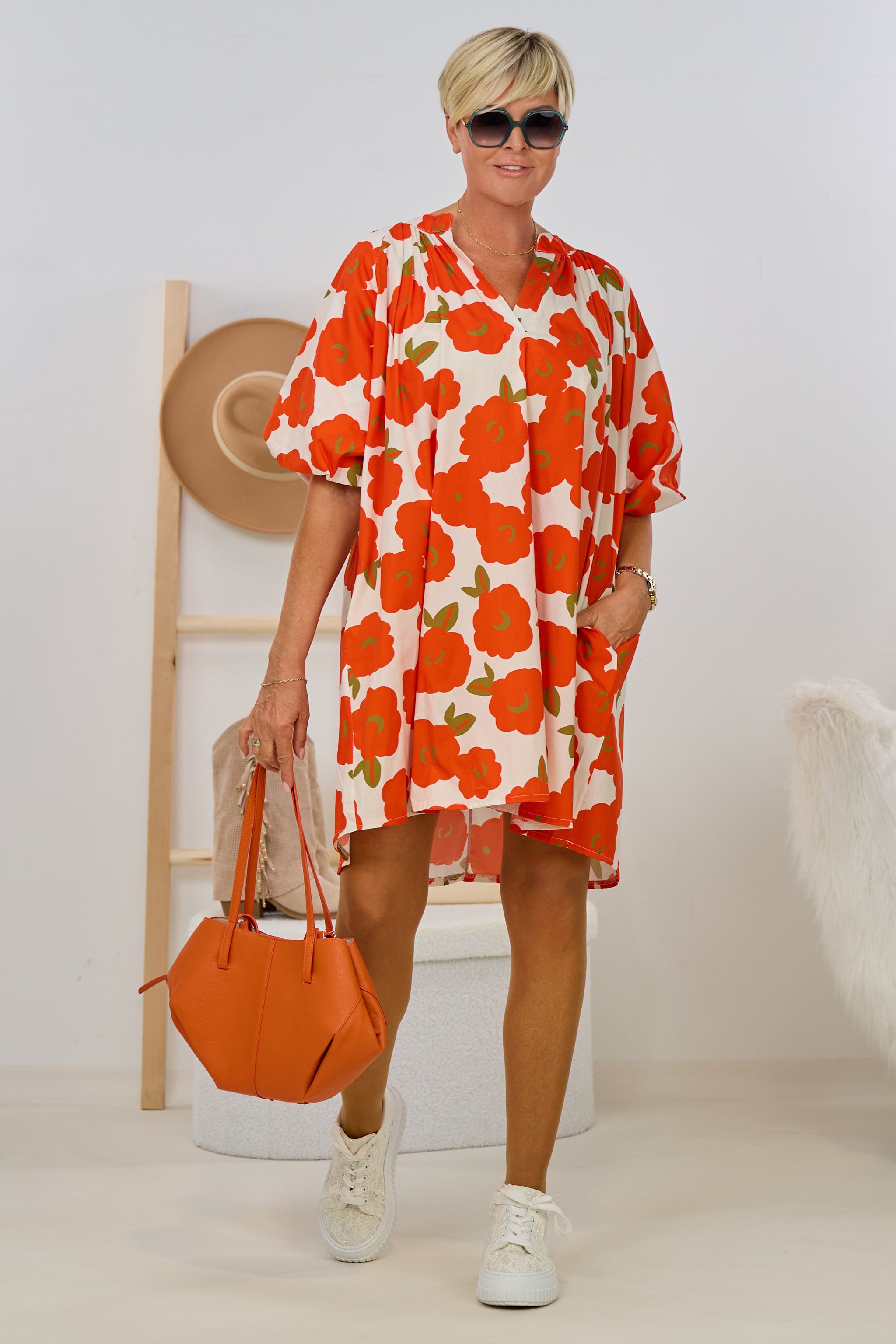 Kleid/Tunika mit floralem Druck, orange-hellbeige