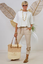 Hose im Knitterlook mit Blumen, beige