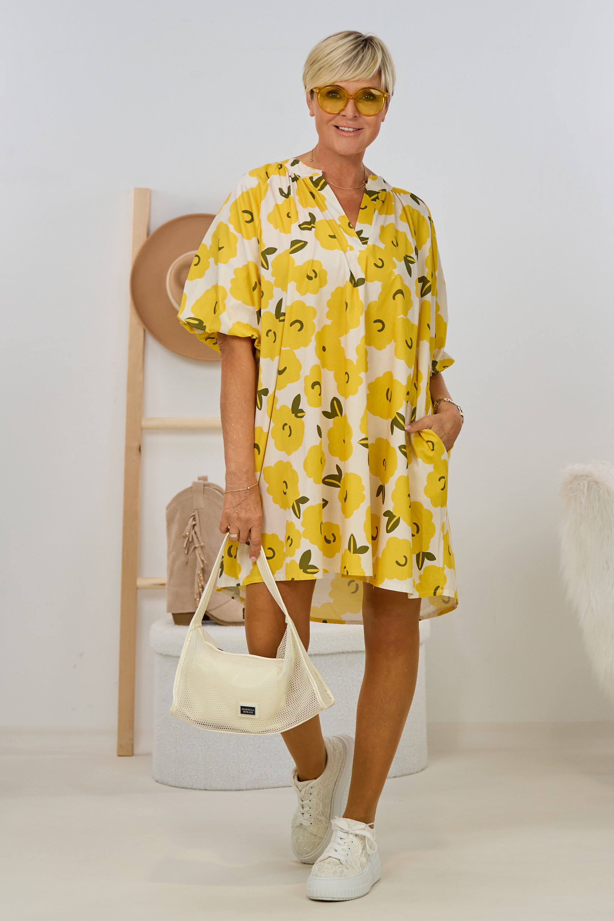 Kleid/Tunika mit floralem Druck, gelb-hellbeige
