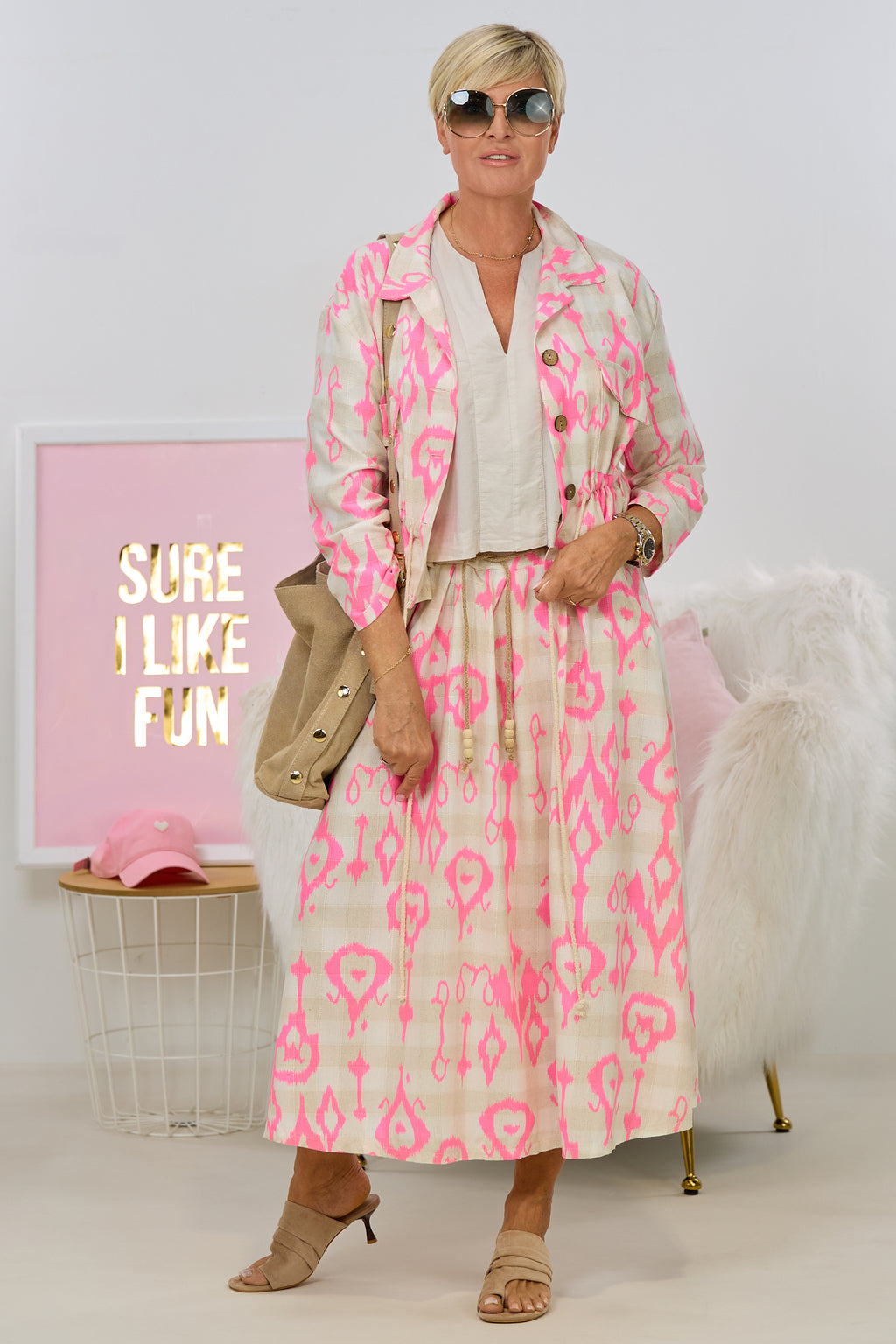 Halbleinen Blouson mit Kordelzug, beige-pink