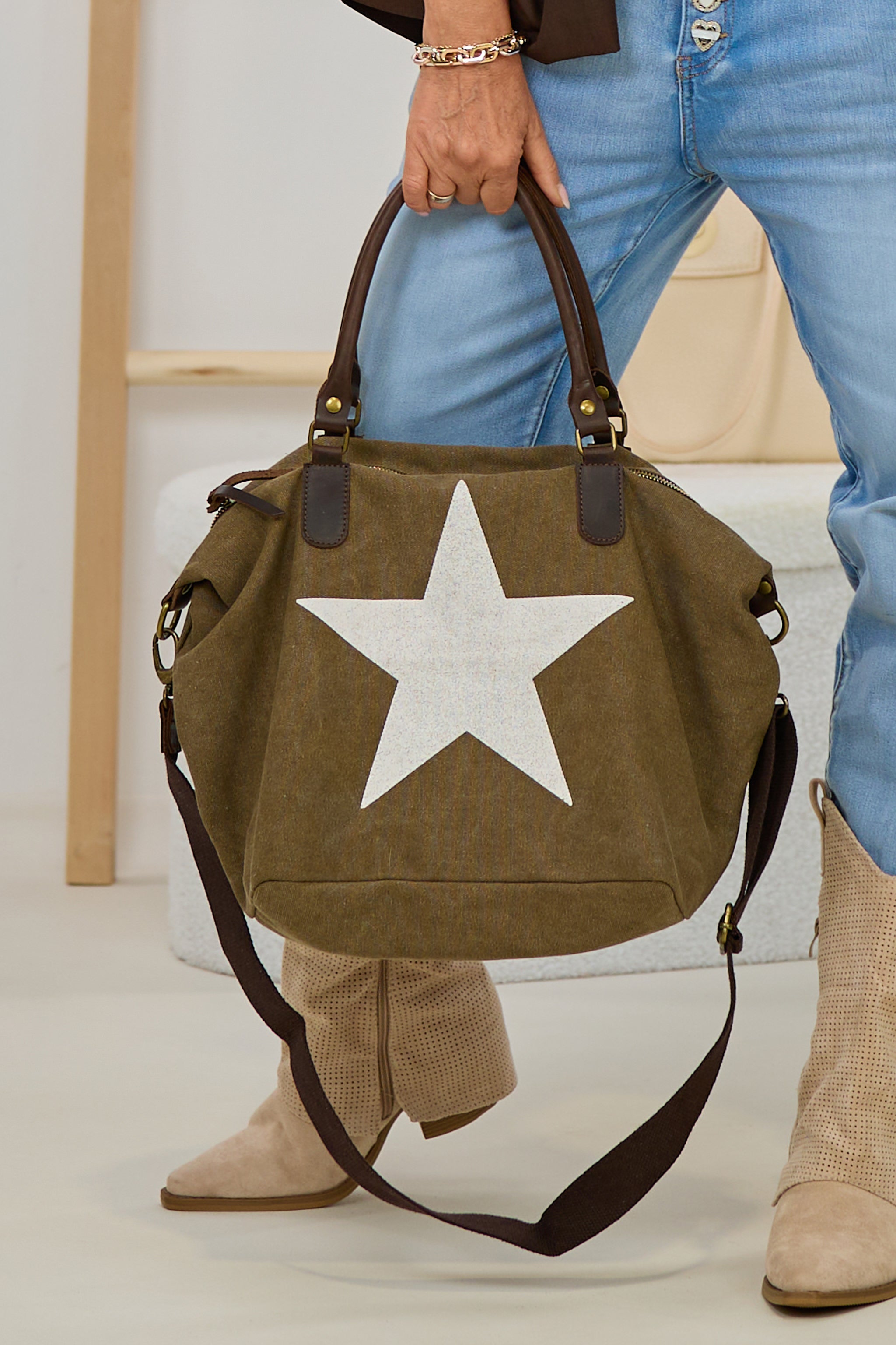 Canvas Shopper mit Stern, braun-weiß