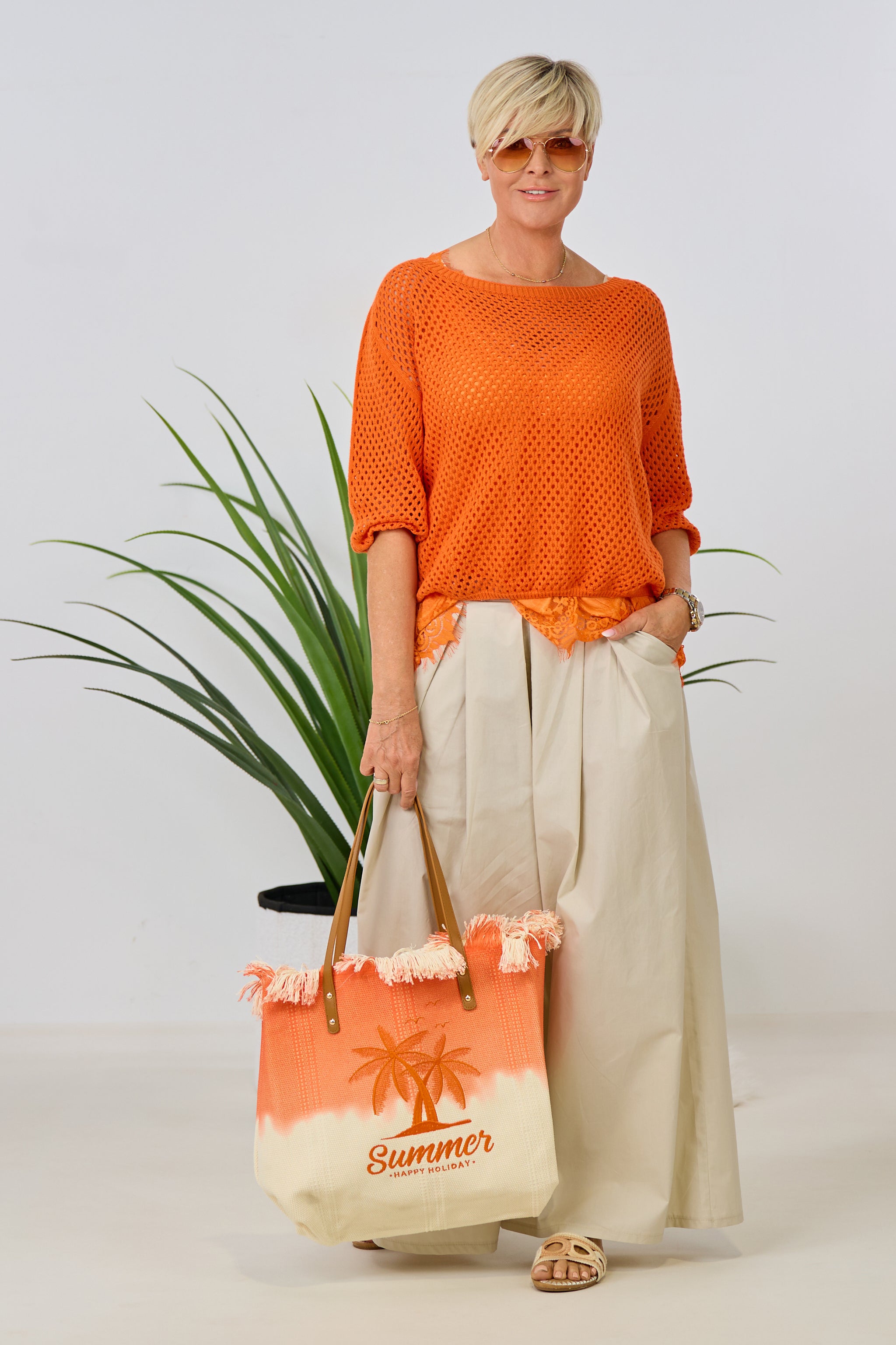 Lochstrick Pulli mit weitem Ausschnitt, orange