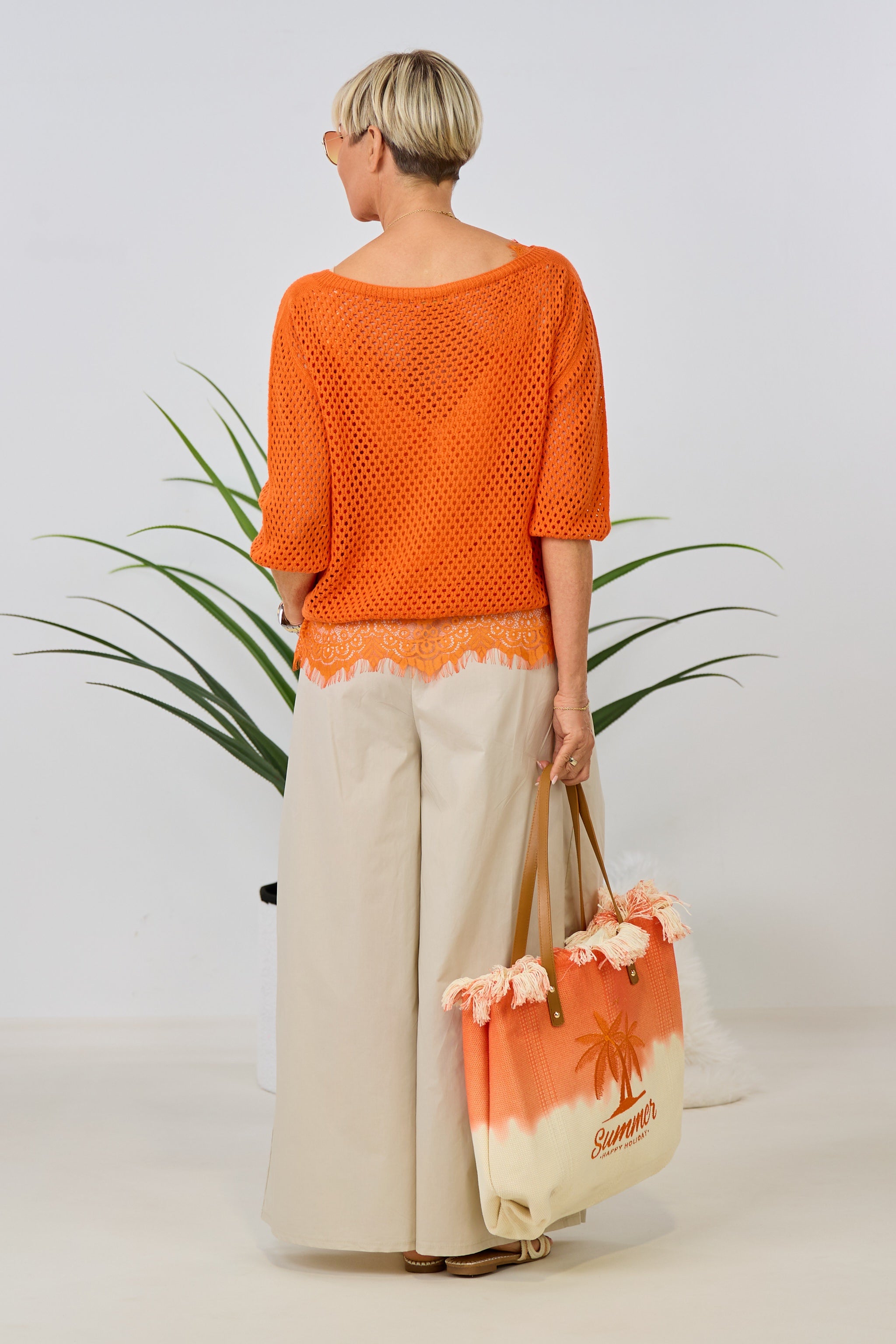 Lochstrick Pulli mit weitem Ausschnitt, orange