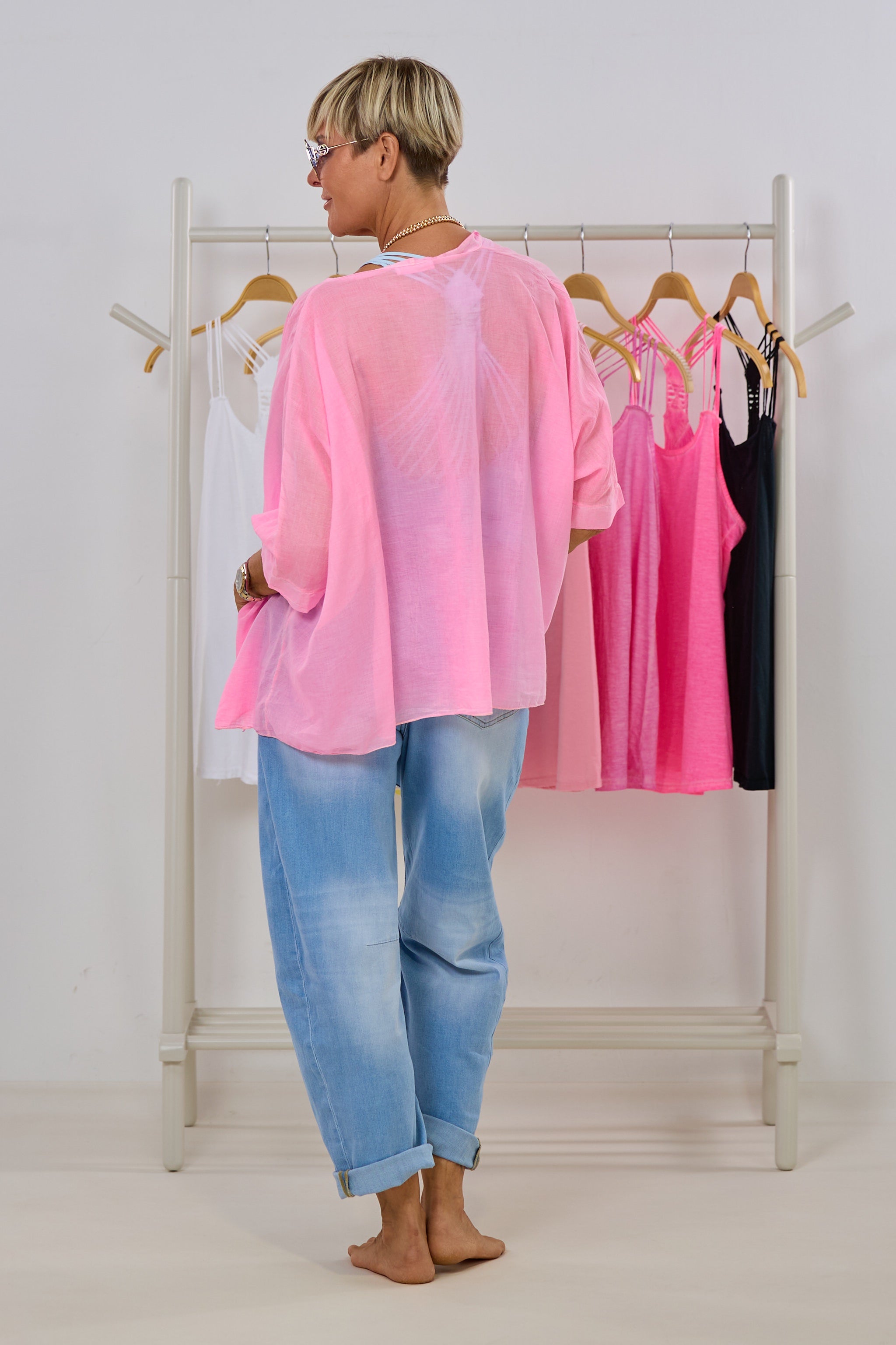 transparente Bluse mit weiten Ärmeln, candy rosa