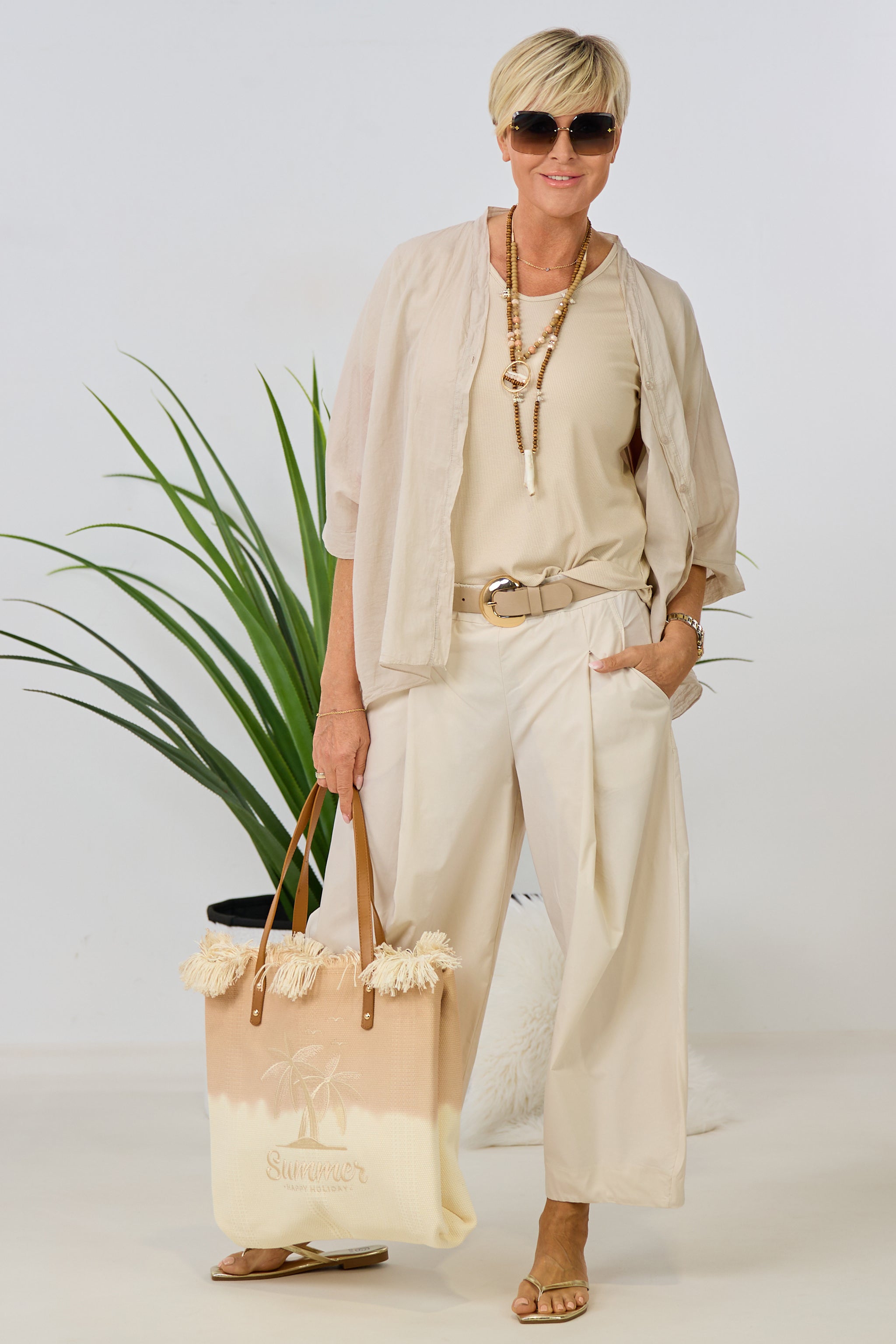 transparente Bluse mit weiten Ärmeln, beige