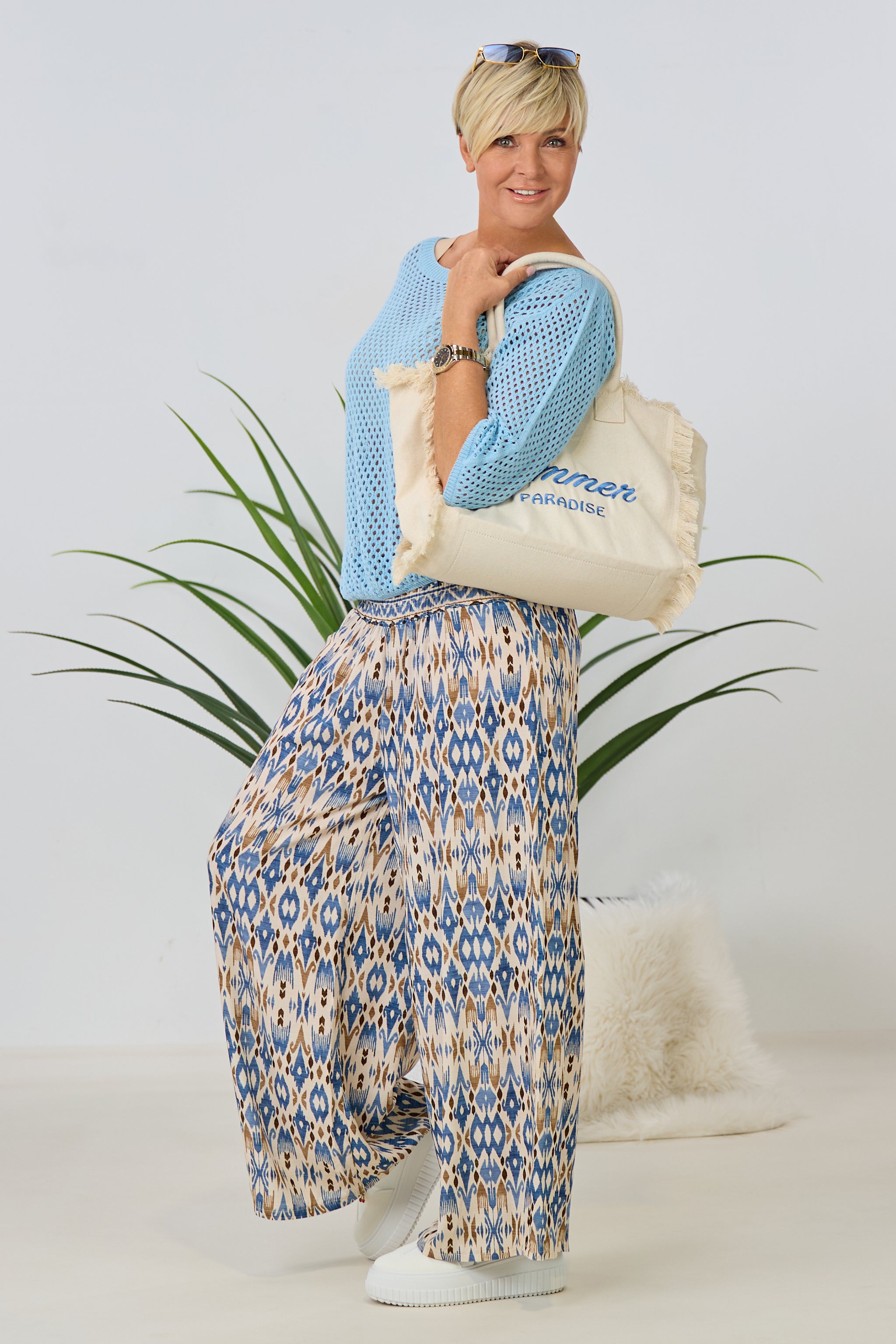 Hosenrock mit gesmoktem Bund, blau-beige