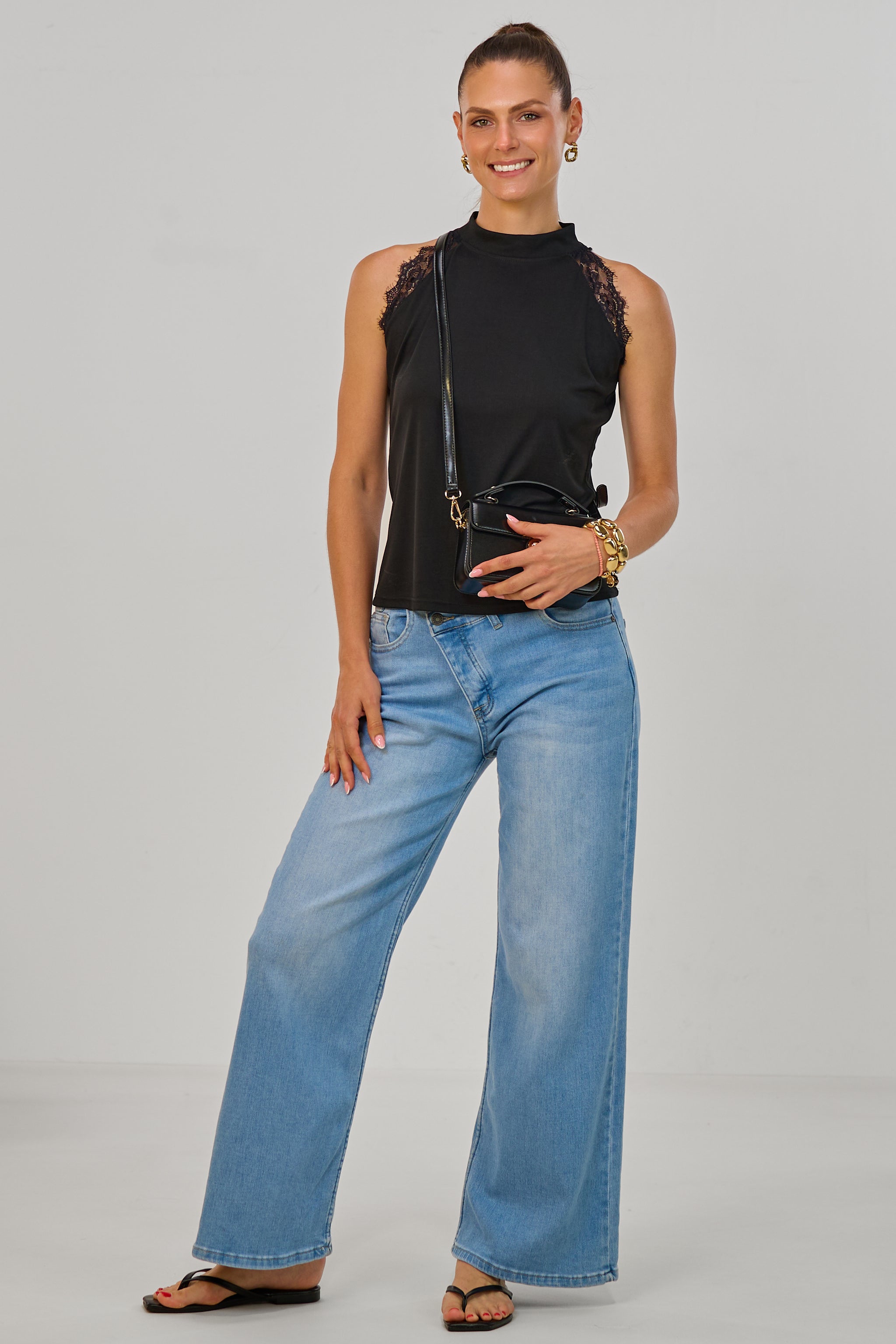 Feinripp-Tanktop mit Spitze, schwarz