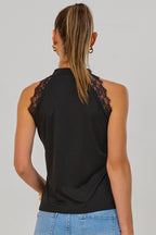 Feinripp-Tanktop mit Spitze, schwarz