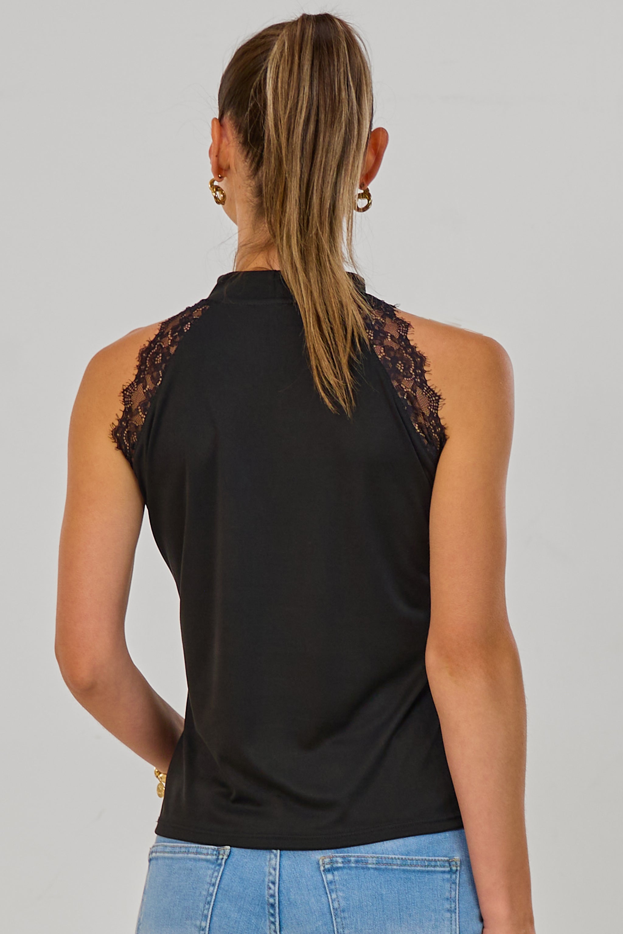 Feinripp-Tanktop mit Spitze, schwarz
