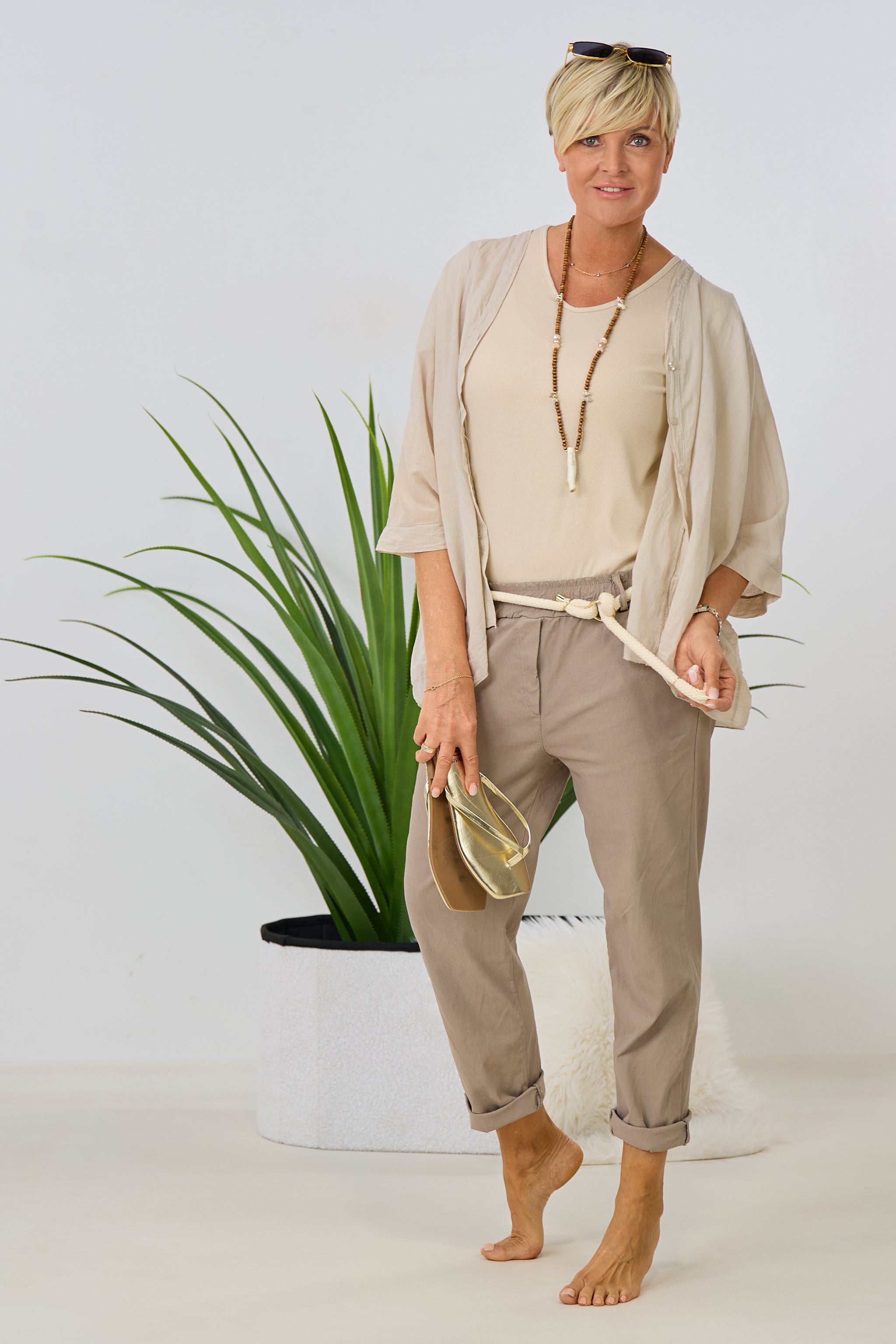 Hose mit Kordel-Gürtel, taupe-gesprenkelt