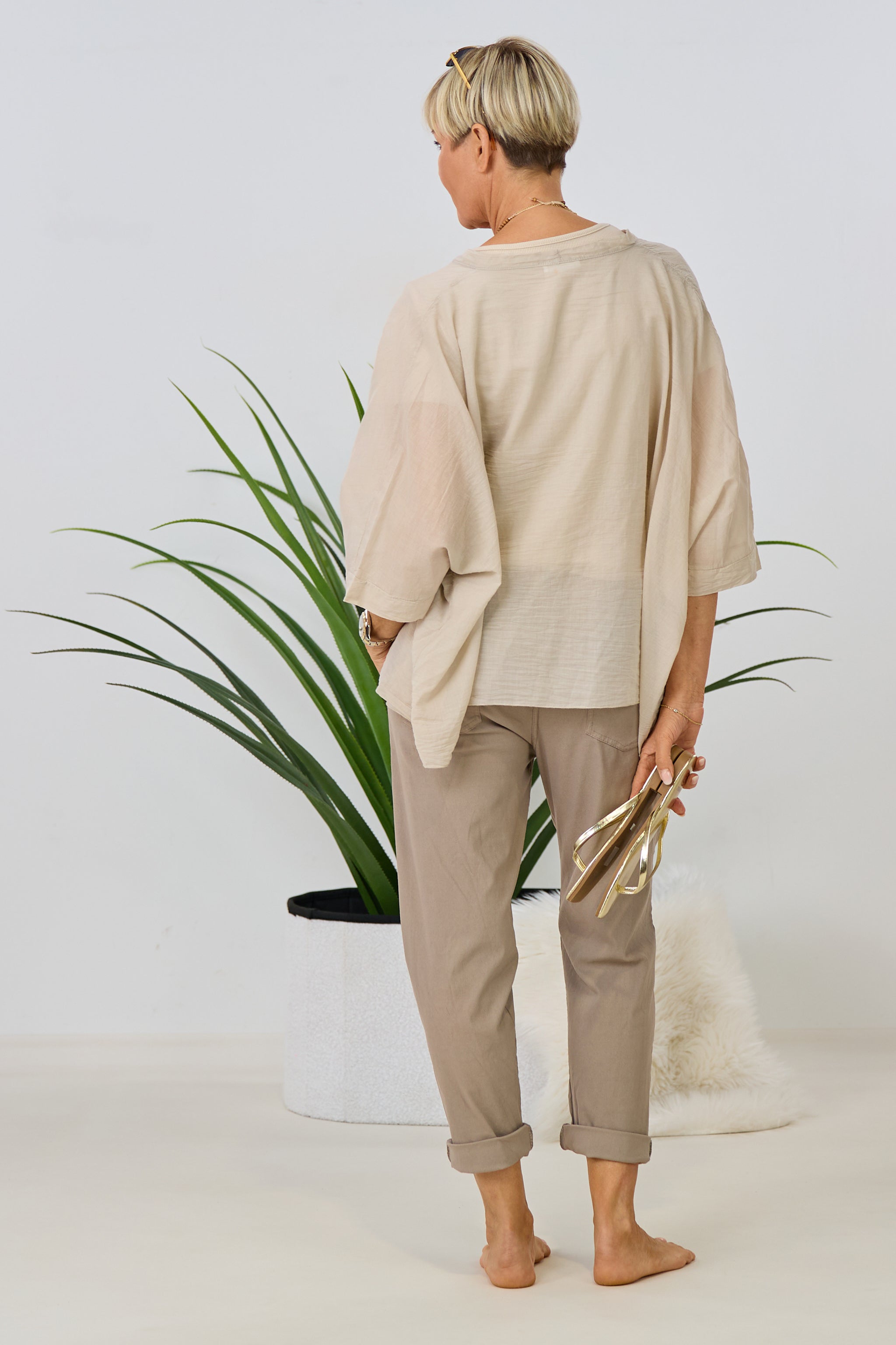 Hose mit Kordel-Gürtel, taupe-gesprenkelt