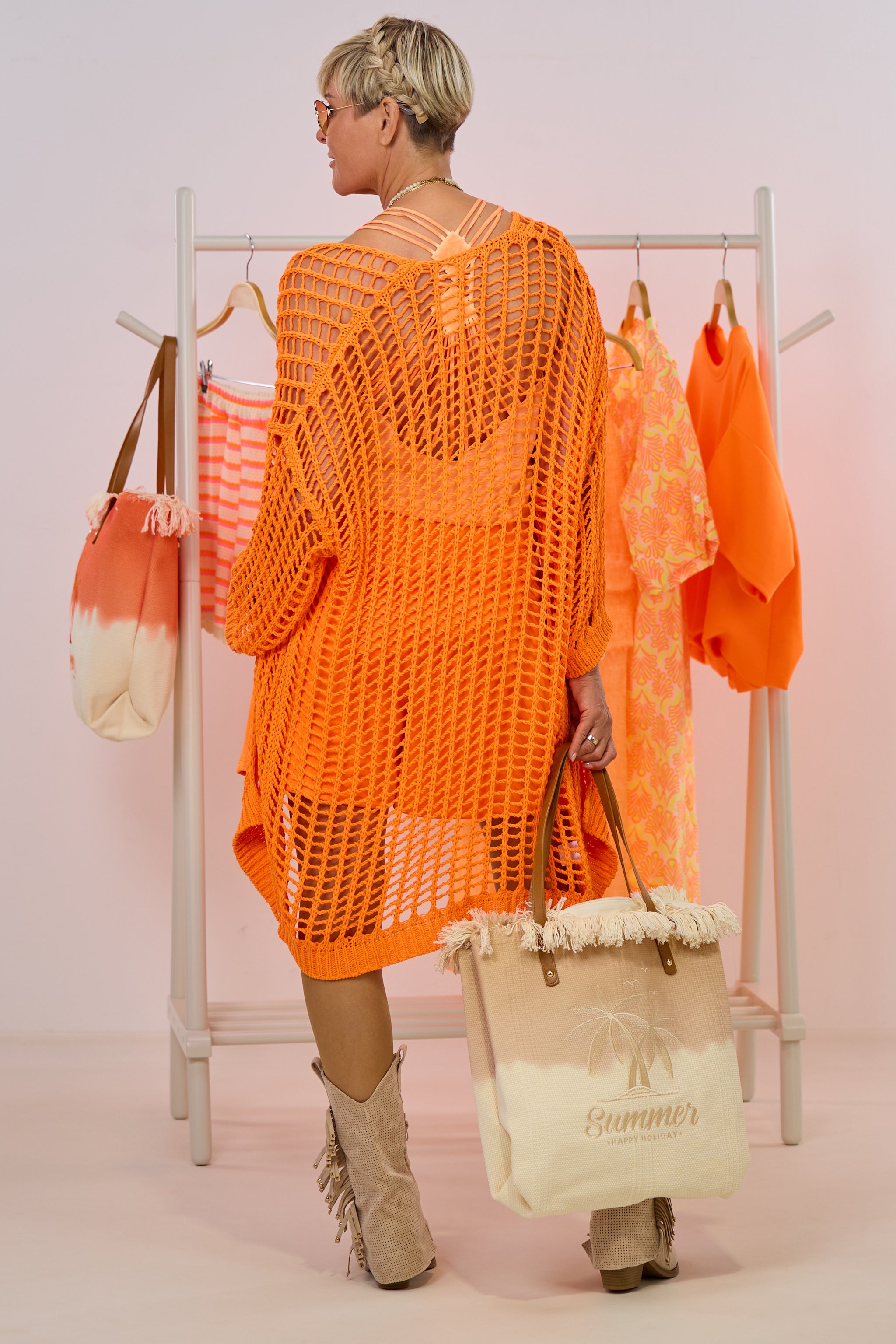 Lange Lochstrick Jacke, neon orange