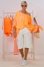 Oversized Bluse mit gesmoktem Ausschnitt, neon orange