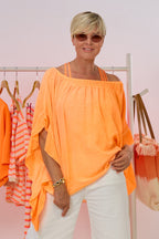 Oversized Bluse mit gesmoktem Ausschnitt, neon orange