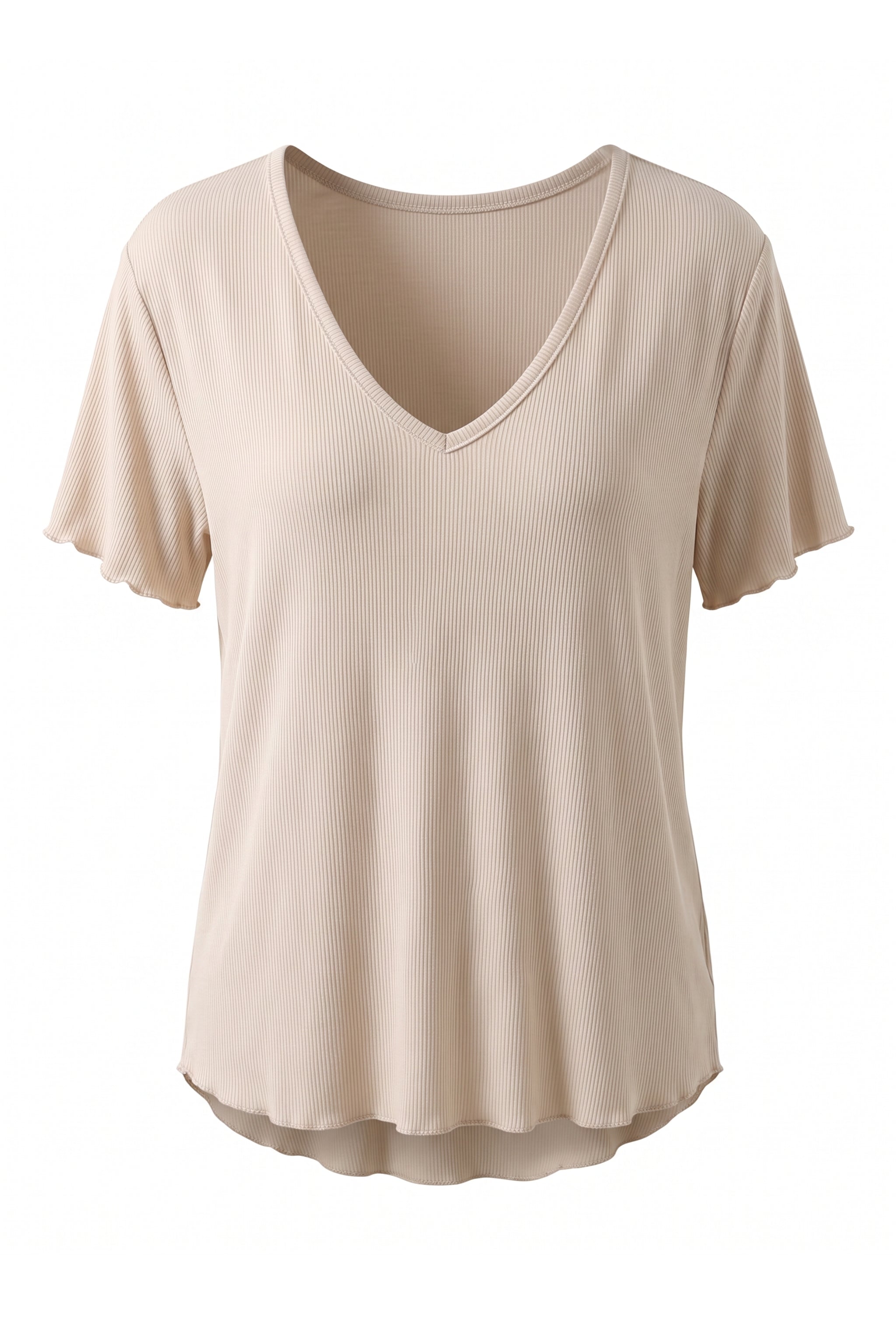 Kurzarm Basic Rippshirt mit V-Ausschnitt, beige