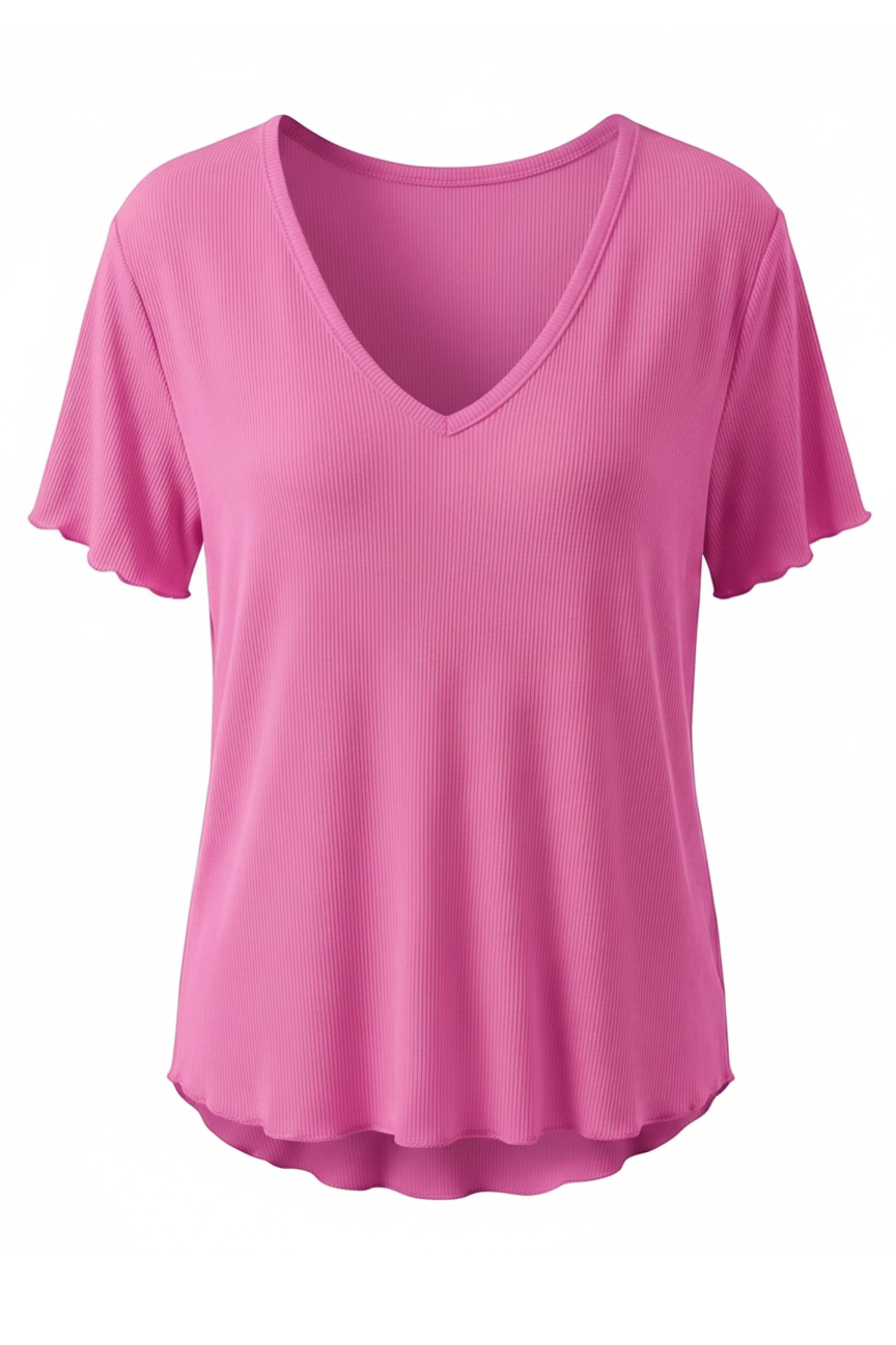 Kurzarm Basic Rippshirt mit V-Ausschnitt, pink