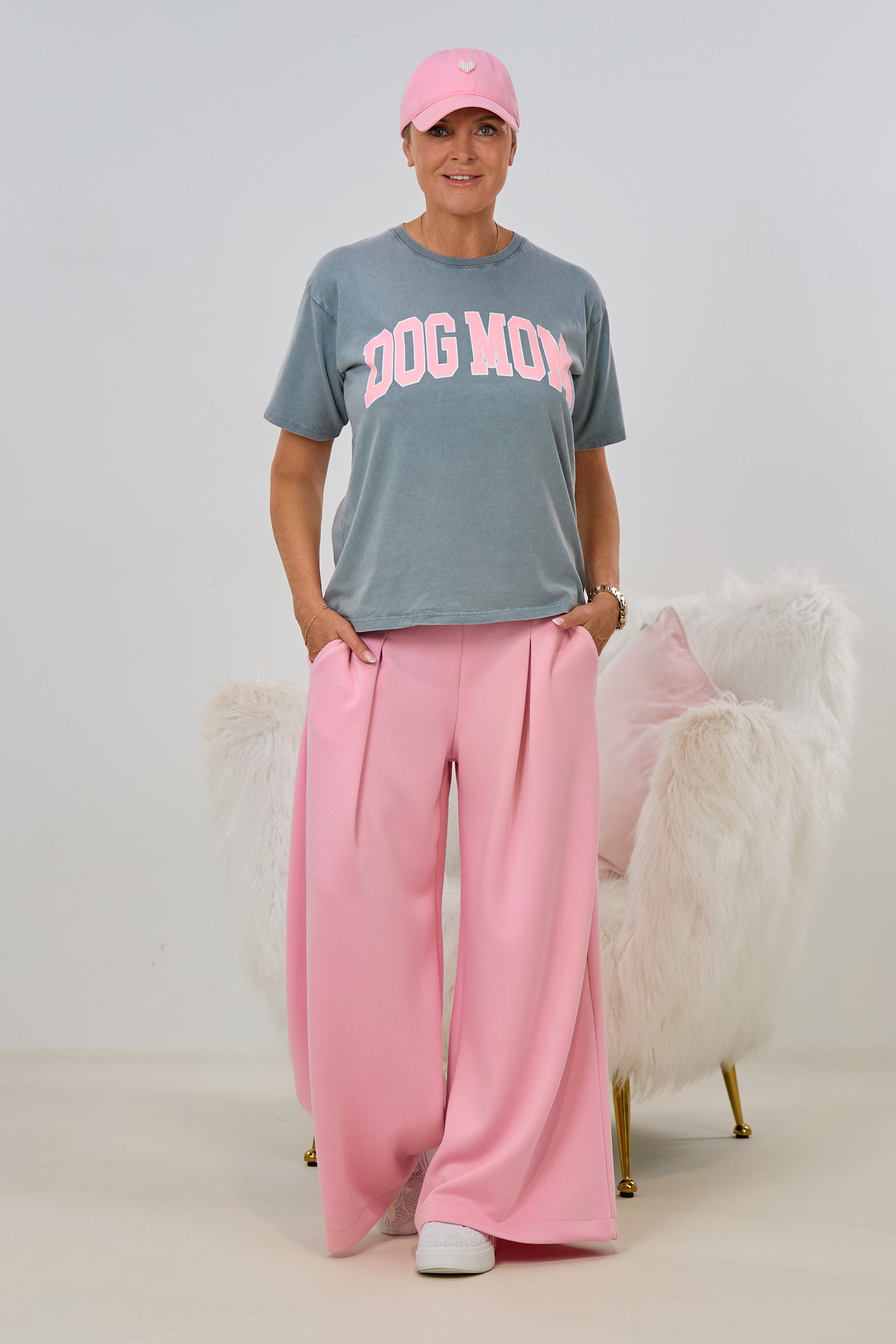T-Shirt DOG MOM, dunkelgrau-rosa