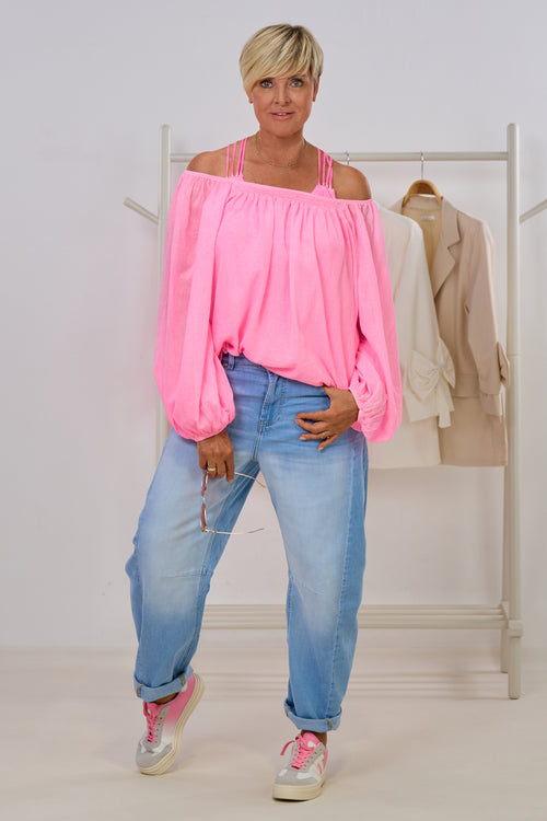 Bluse im Knitterlook mit gesmoktem Ausschnitt, candy rosa