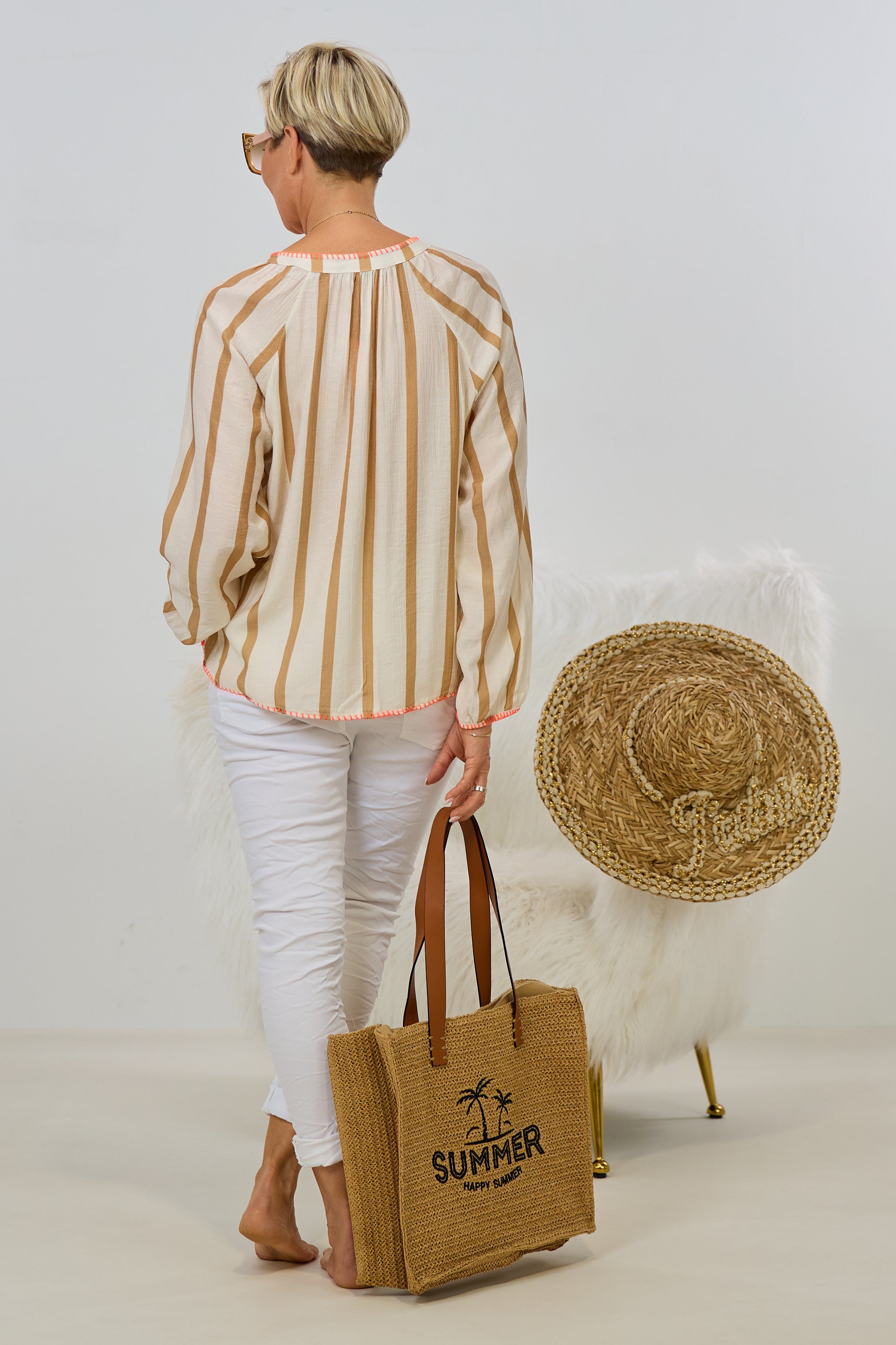 Bluse gestreift mit V-Ausschnitt, creme-taupe