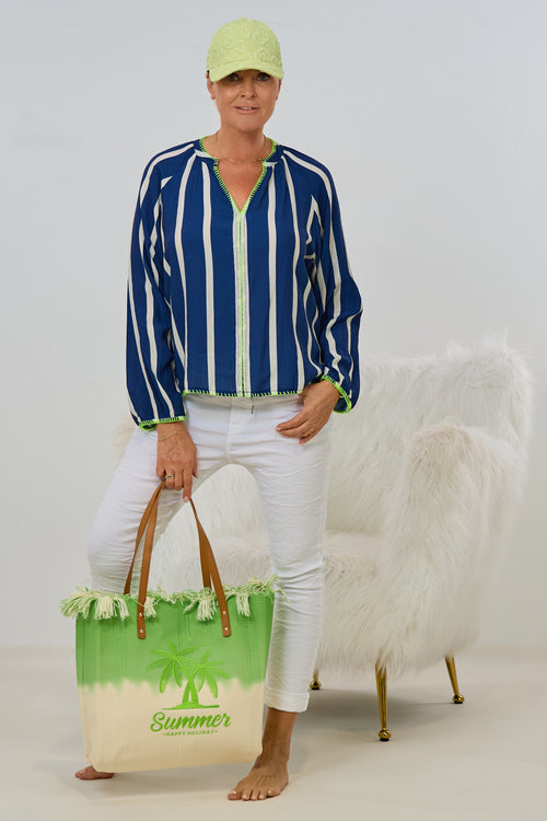 Bluse gestreift mit V-Ausschnitt, marine-ecru