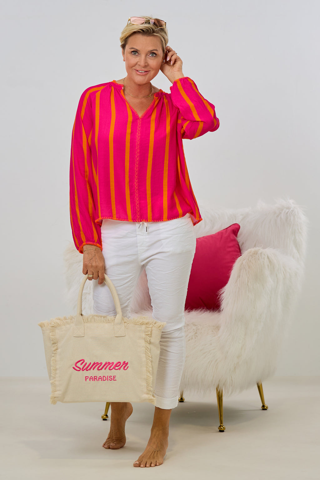 Bluse gestreift mit V-Ausschnitt, pink-orange