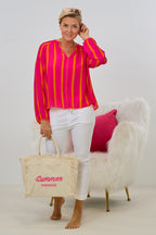 Bluse gestreift mit V-Ausschnitt, pink-orange