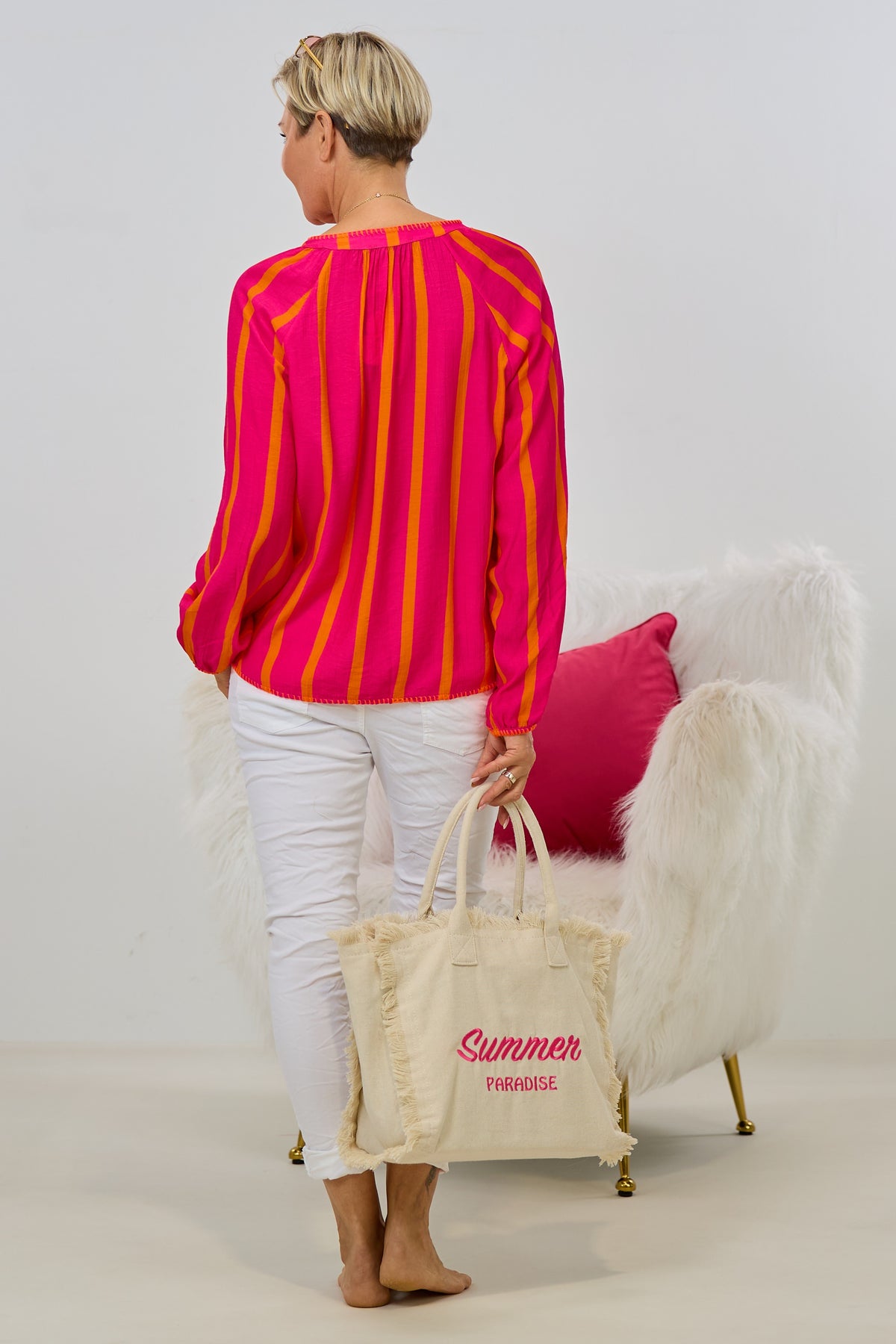 Bluse gestreift mit V-Ausschnitt, pink-orange