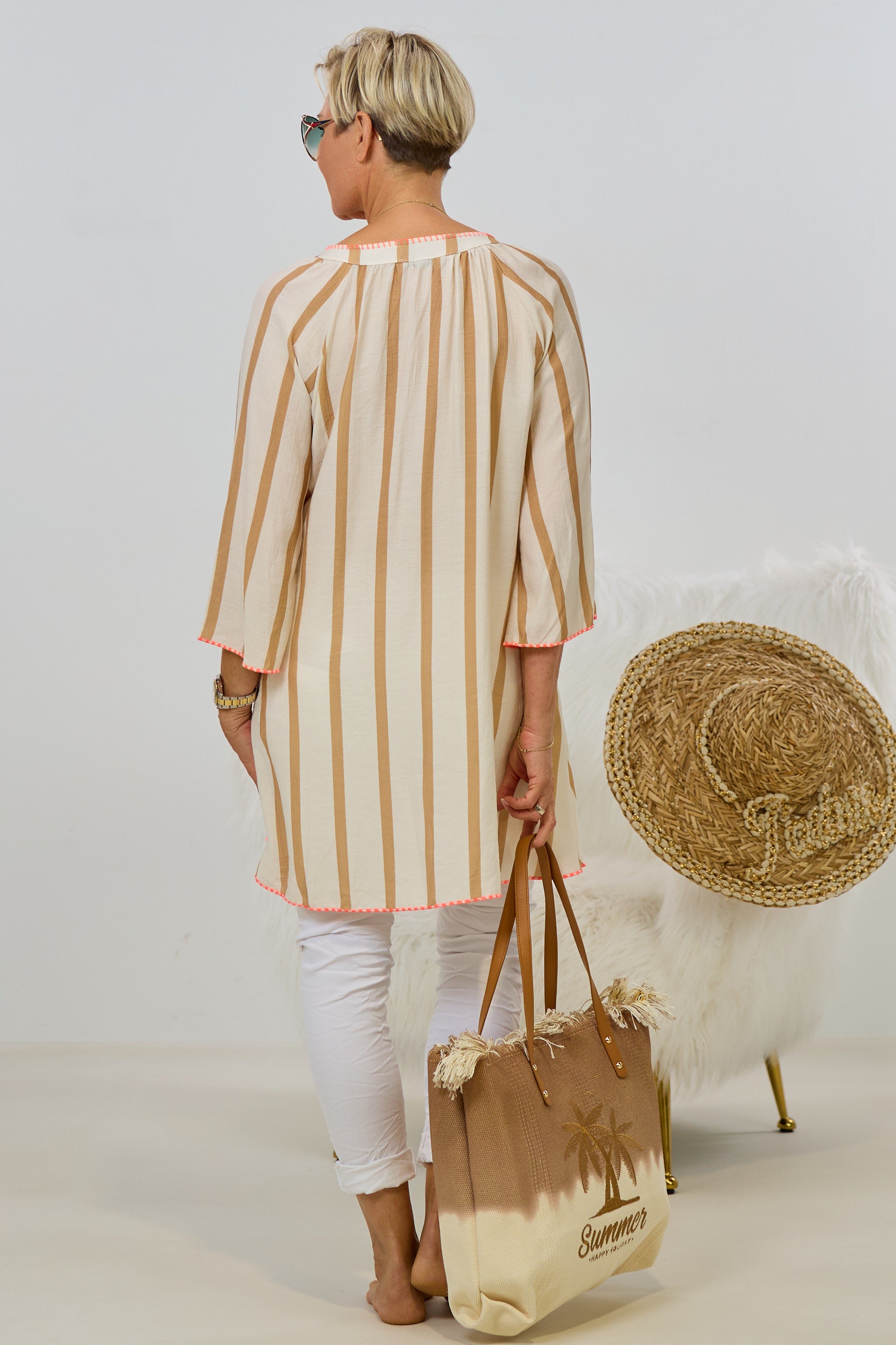 Kleid/Longbluse gestreift mit V-Ausschnitt, creme-taupe