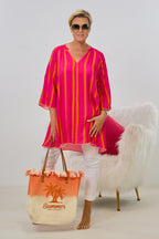 Kleid/Longbluse gestreift mit V-Ausschnitt, pink-orange