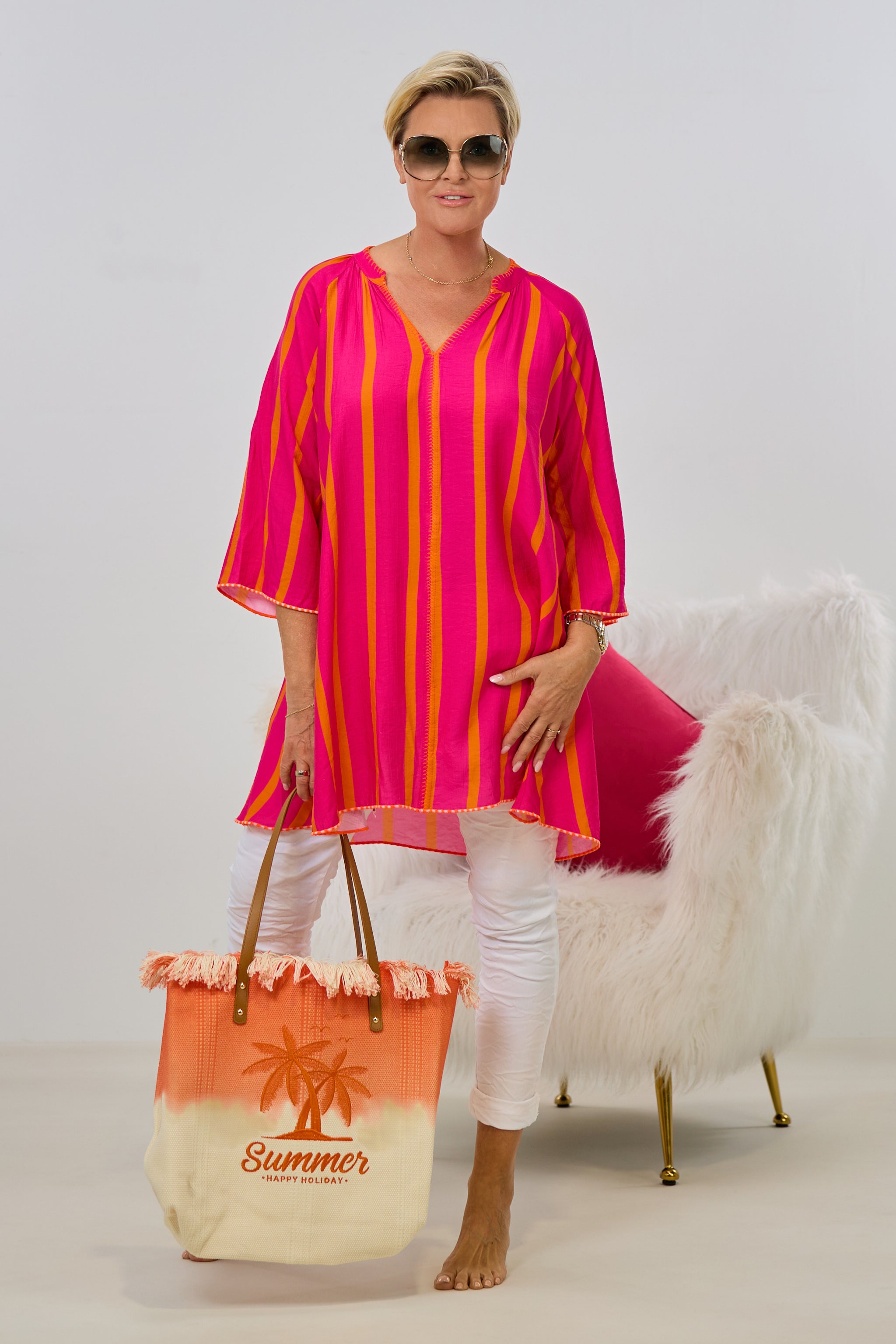 Kleid/Longbluse gestreift mit V-Ausschnitt, pink-orange