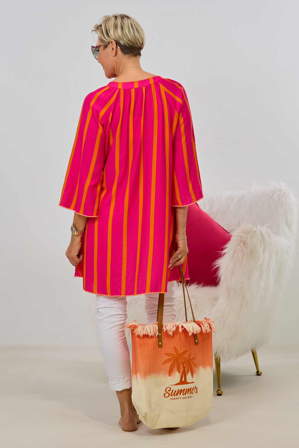 Kleid/Longbluse gestreift mit V-Ausschnitt, pink-orange