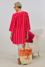 Kleid/Longbluse gestreift mit V-Ausschnitt, pink-orange