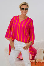 Kleid/Longbluse gestreift mit V-Ausschnitt, pink-orange