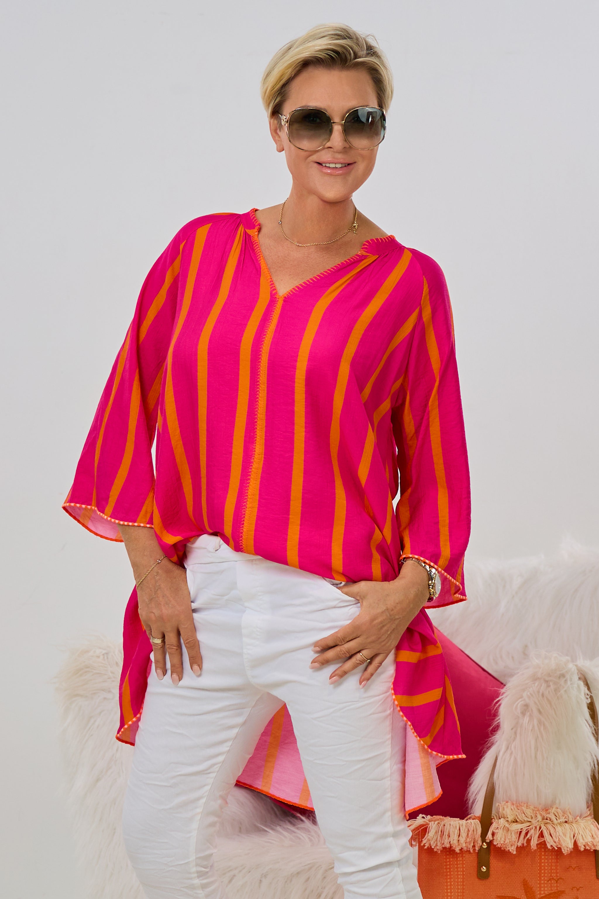 Kleid/Longbluse gestreift mit V-Ausschnitt, pink-orange
