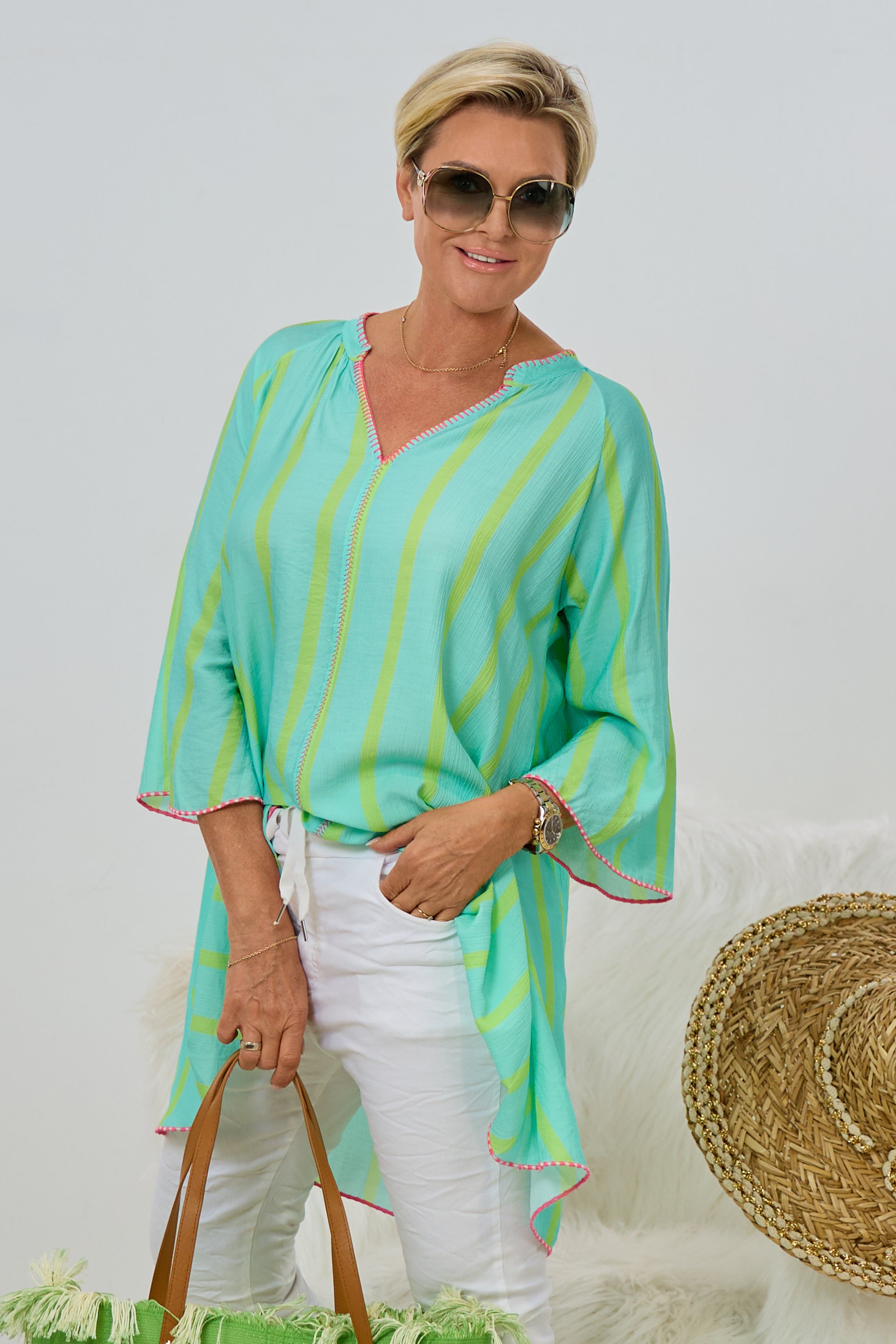 Kleid/Longbluse gestreift mit V-Ausschnitt, mint-lindgrün