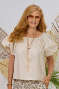 Kurzarm Bluse mit Carmen-Ausschnitt, beige