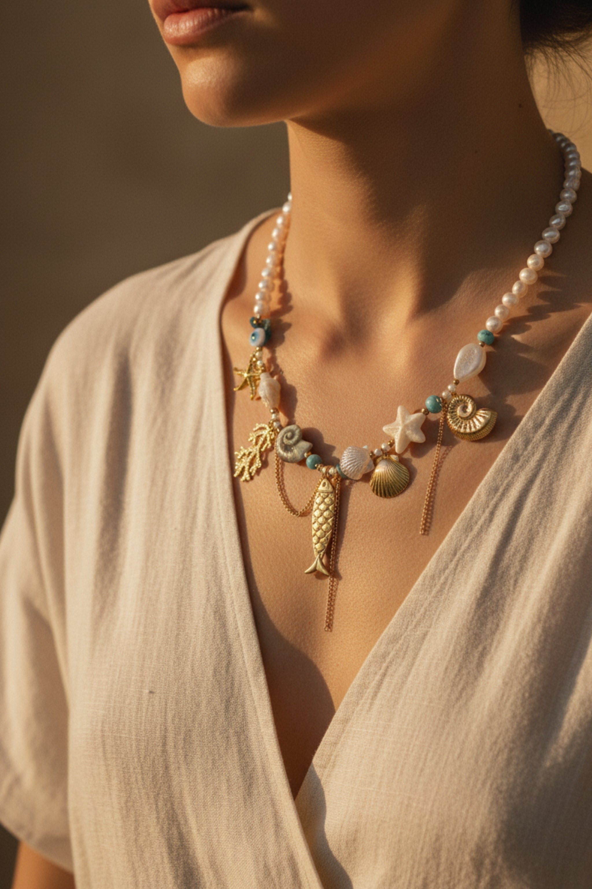 kurze Kette mit Muscheln, perlmutt-gold-türkis