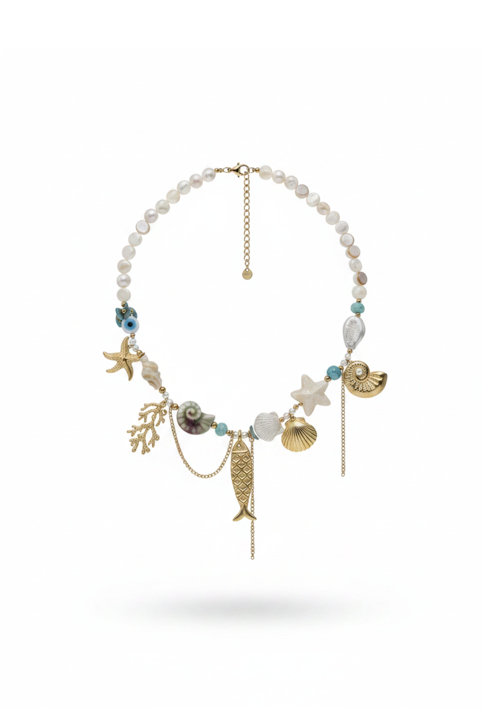 kurze Kette mit Muscheln, perlmutt-gold-türkis