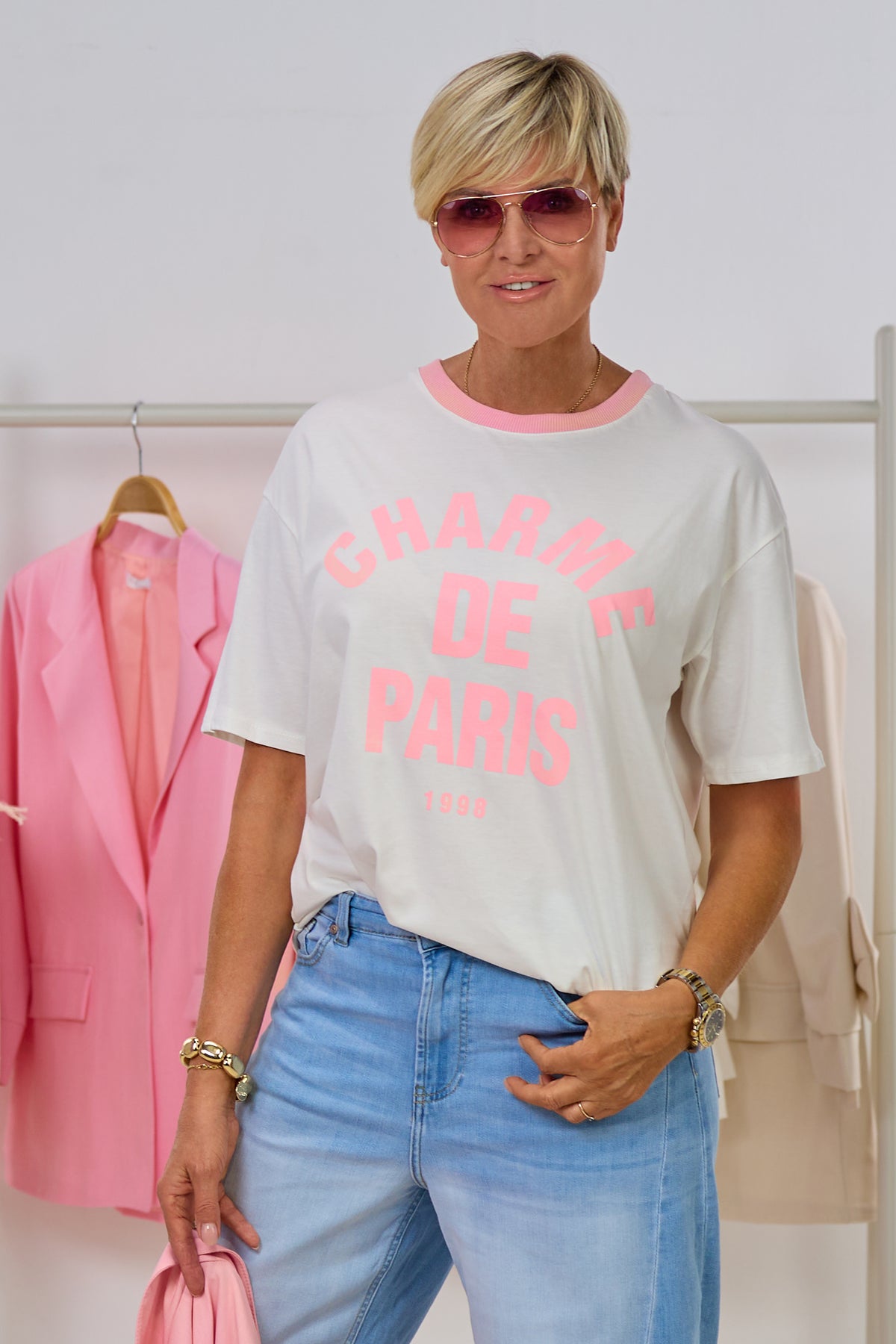 T-Shirt Charme de Paris, weiß-rosa