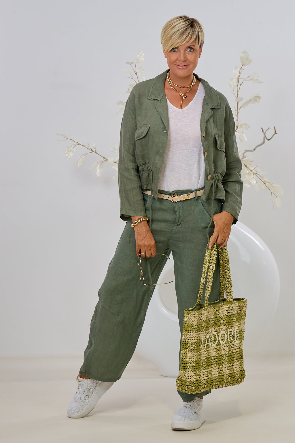 Leinen-Jacke mit Kordelzug, khaki