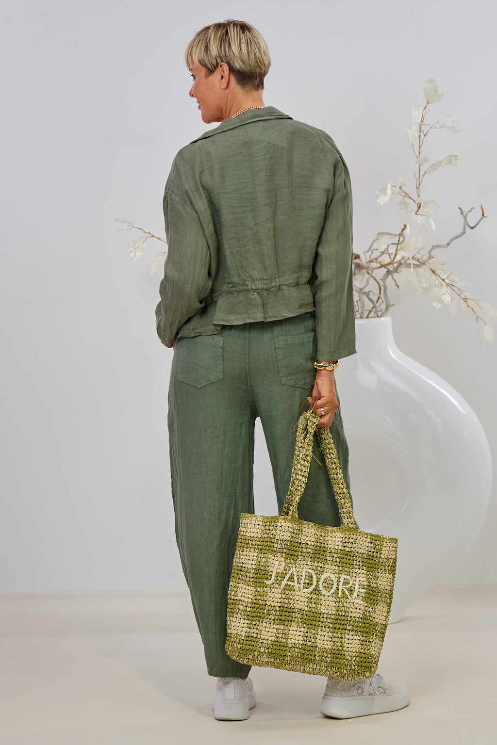 Leinen-Jacke mit Kordelzug, khaki