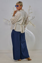 gestreifte Bluse mit gerafften Ärmeln, beige-weiß