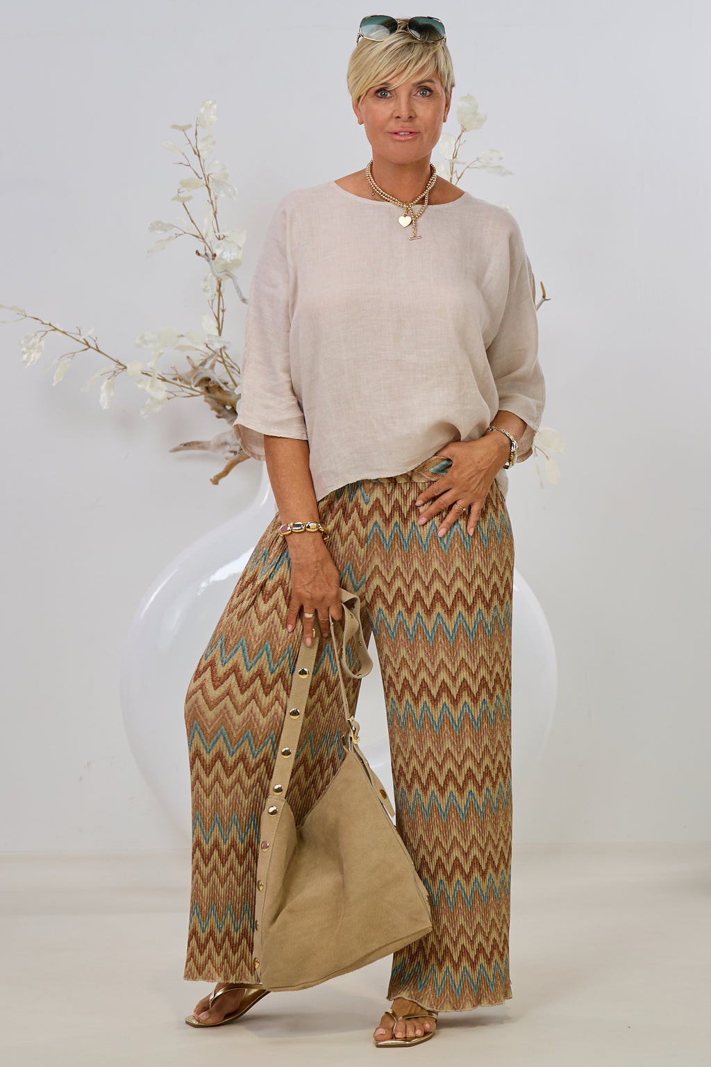ausgestellte Plissée Hose, beige-braun-gold