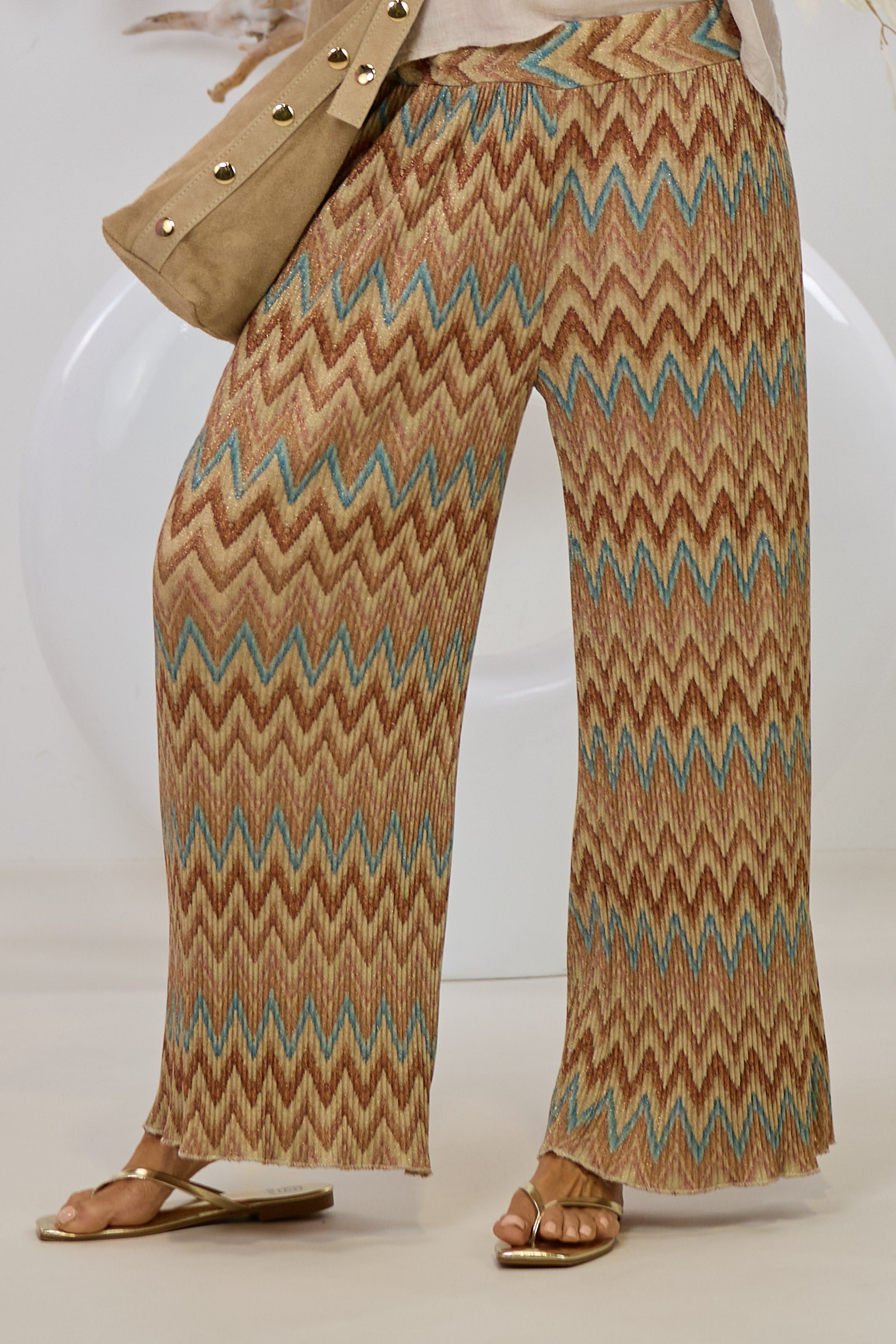 ausgestellte Plissée Hose, beige-braun-gold