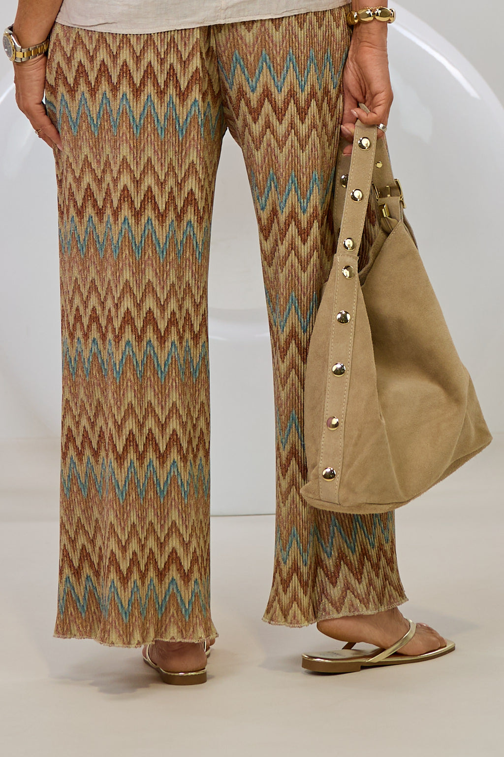 ausgestellte Plissée Hose, beige-braun-gold