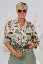 transparente Bluse mit "Paris-Muster", khaki-bunt