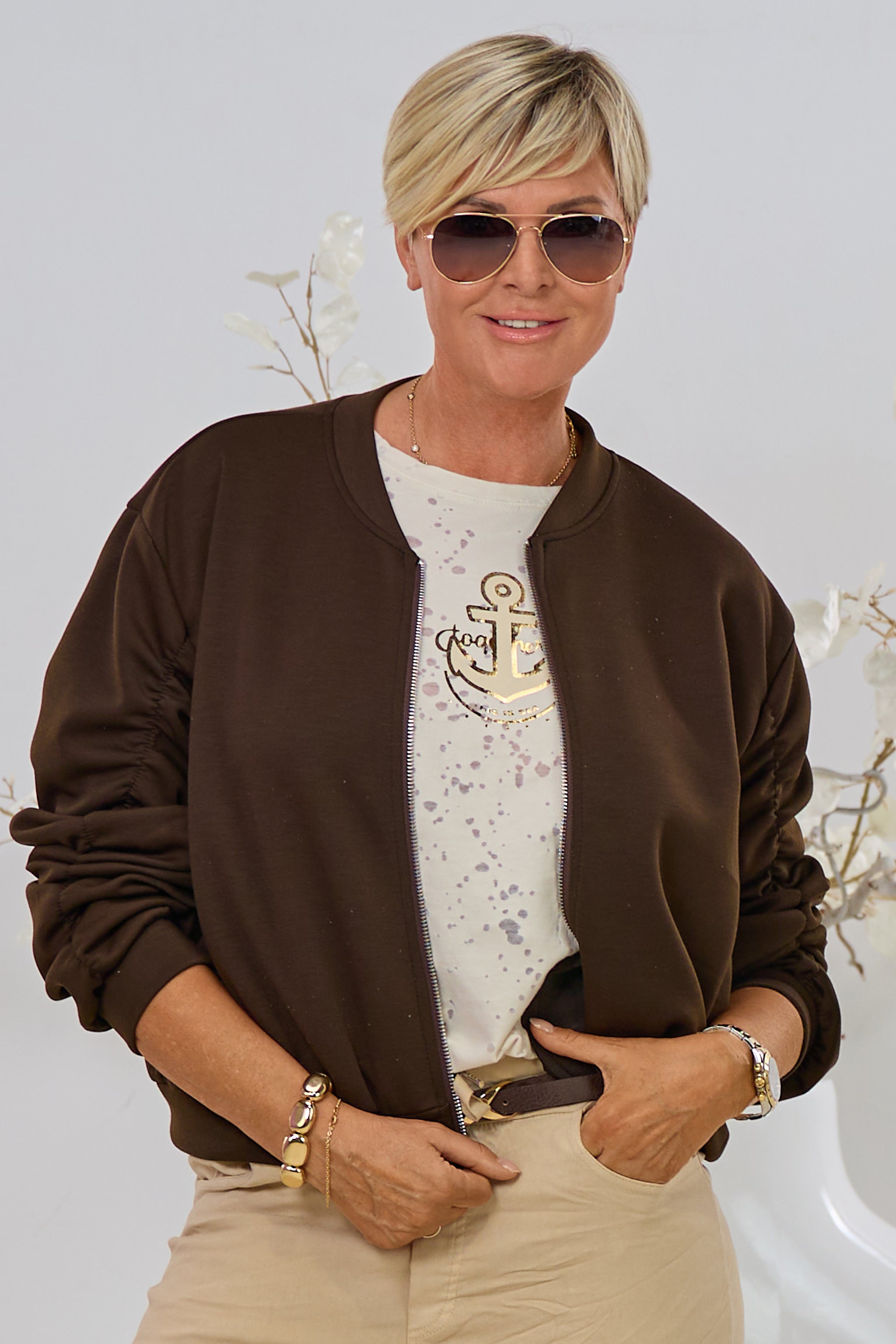 Cozy Blouson mit gerafften Ärmeln, braun