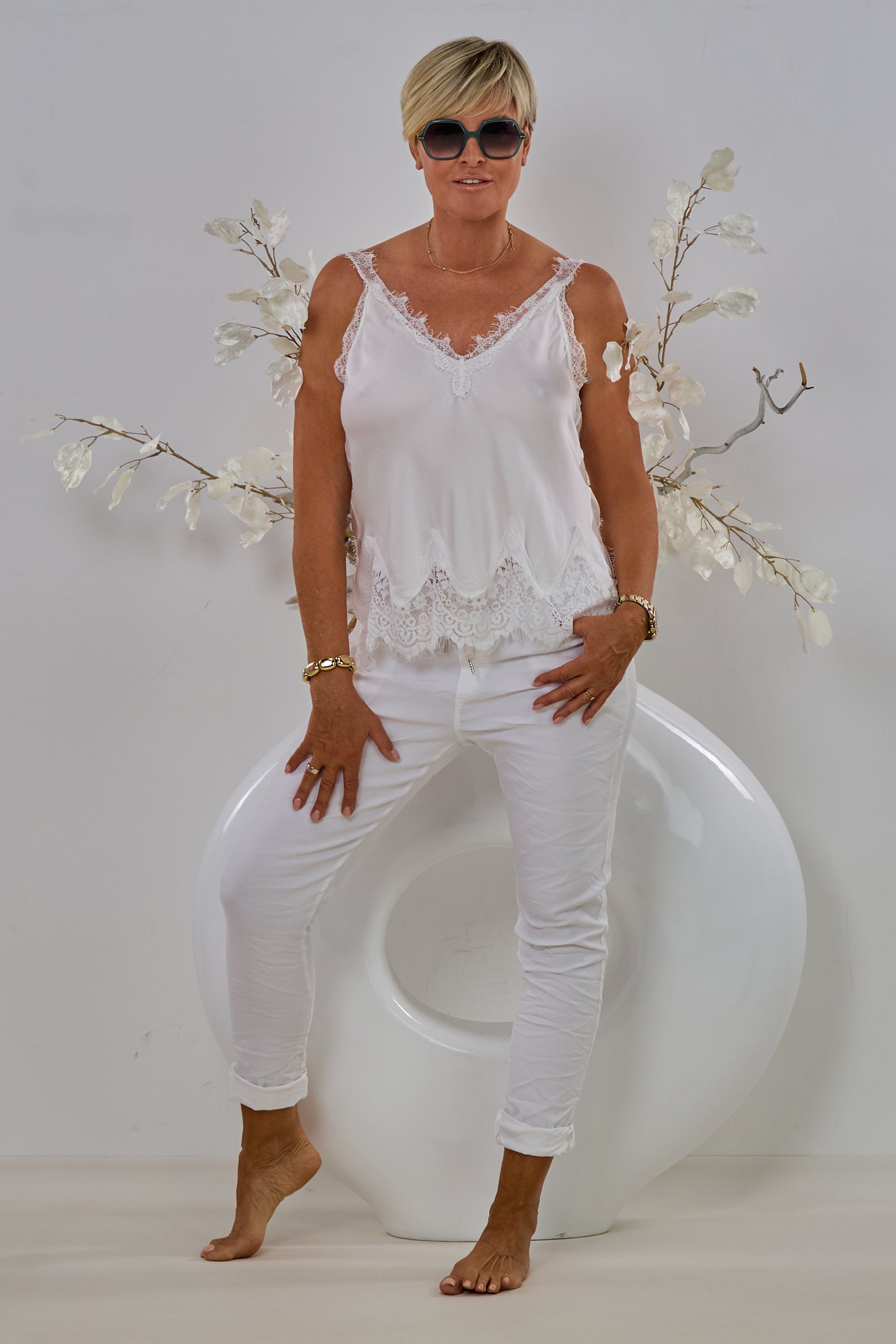 Viscose-Top mit Spitze, weiß